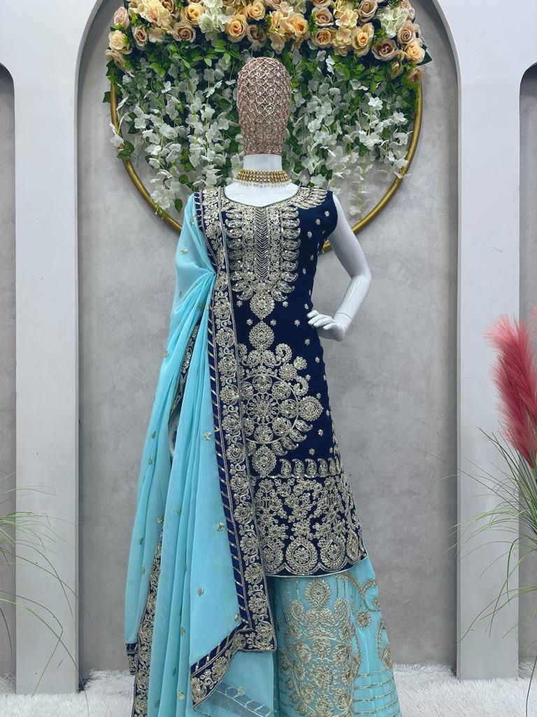 Imposing Blue Color Sequence Work Palazzo Suit