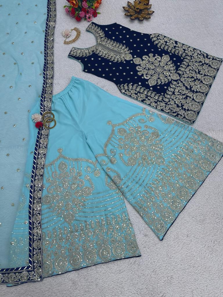 Imposing Blue Color Sequence Work Palazzo Suit