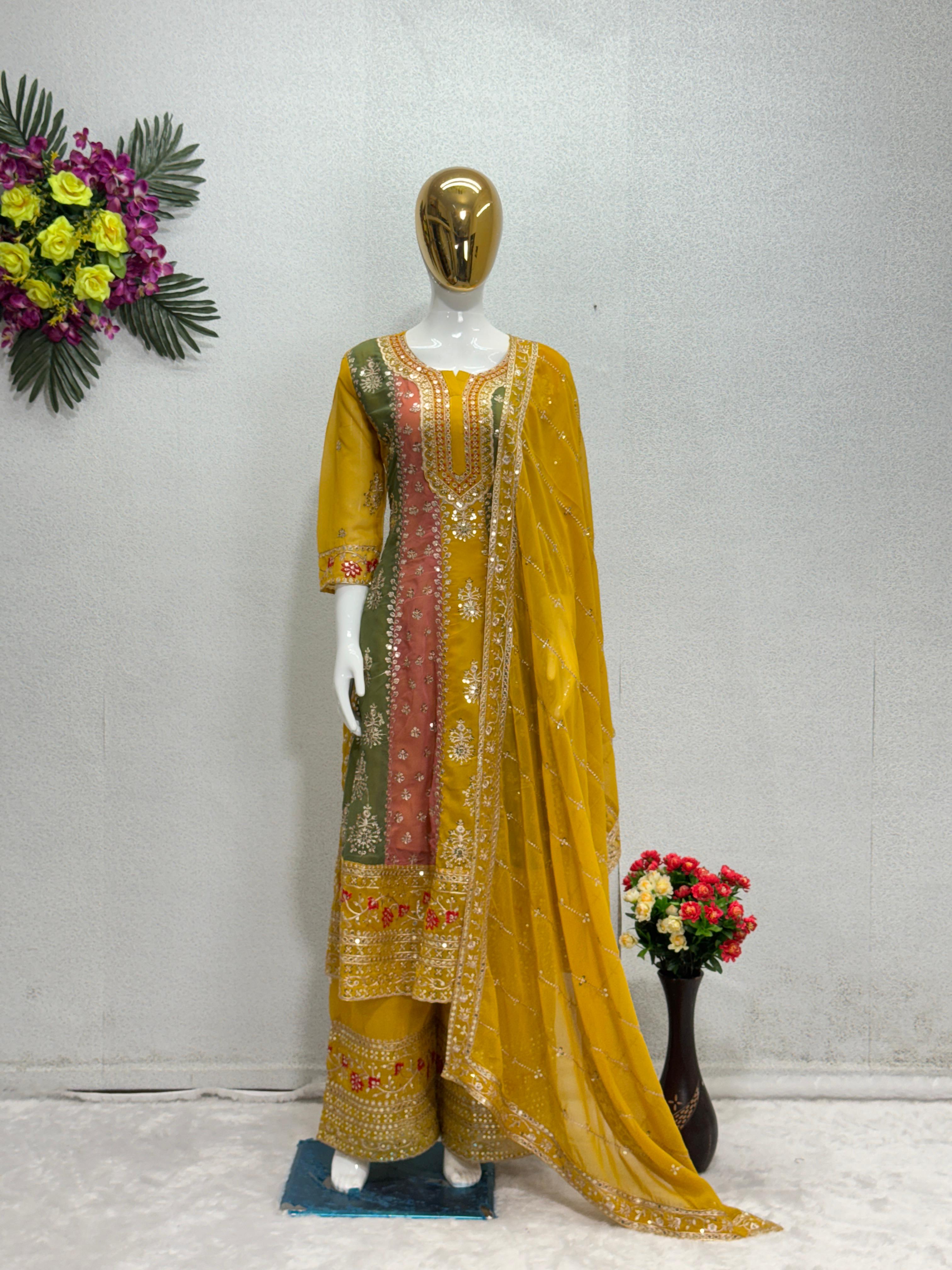 Pretty Embroidery Work Yellow With Multi Color Palazzo Suit