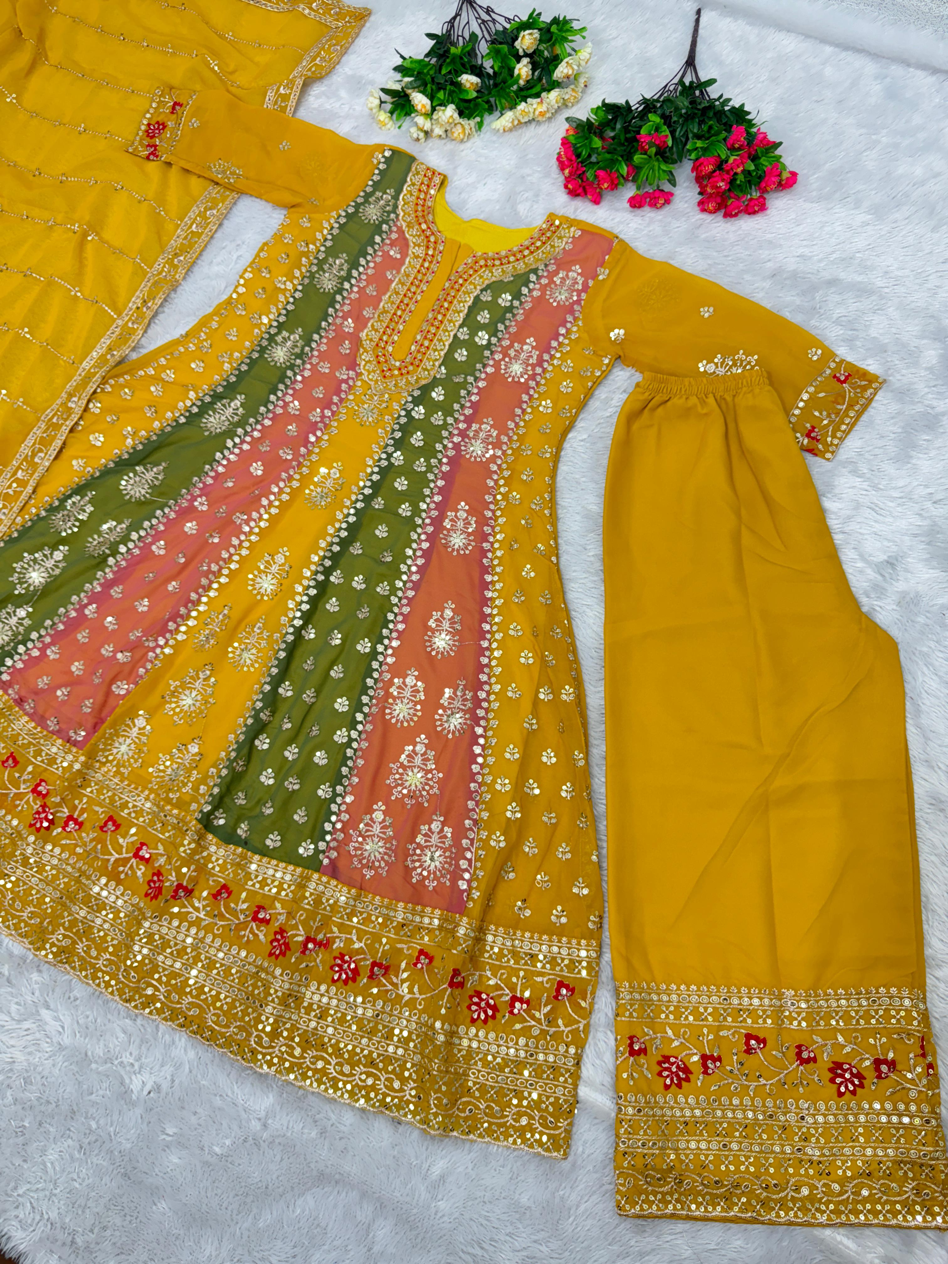 Pretty Embroidery Work Yellow With Multi Color Palazzo Suit