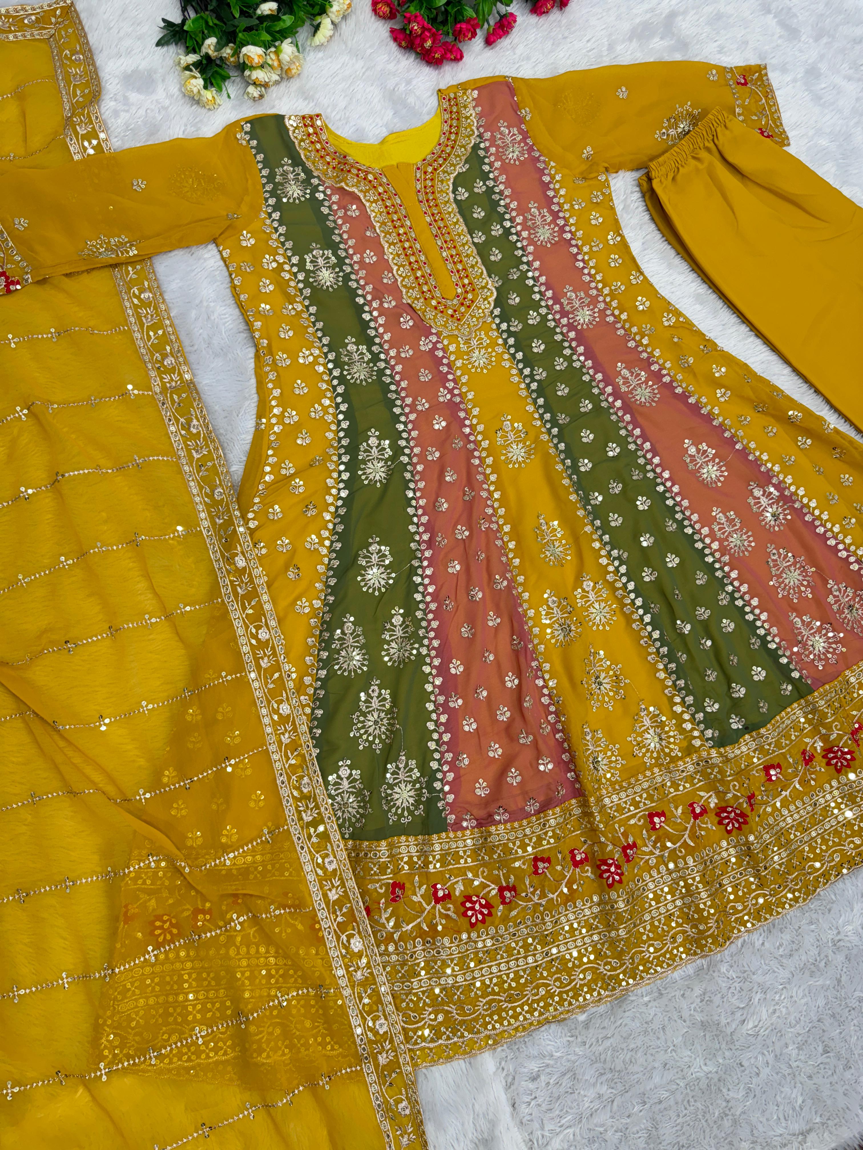 Pretty Embroidery Work Yellow With Multi Color Palazzo Suit