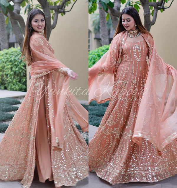 Glossy Sequence Work Peach Color Long Top With Sharara