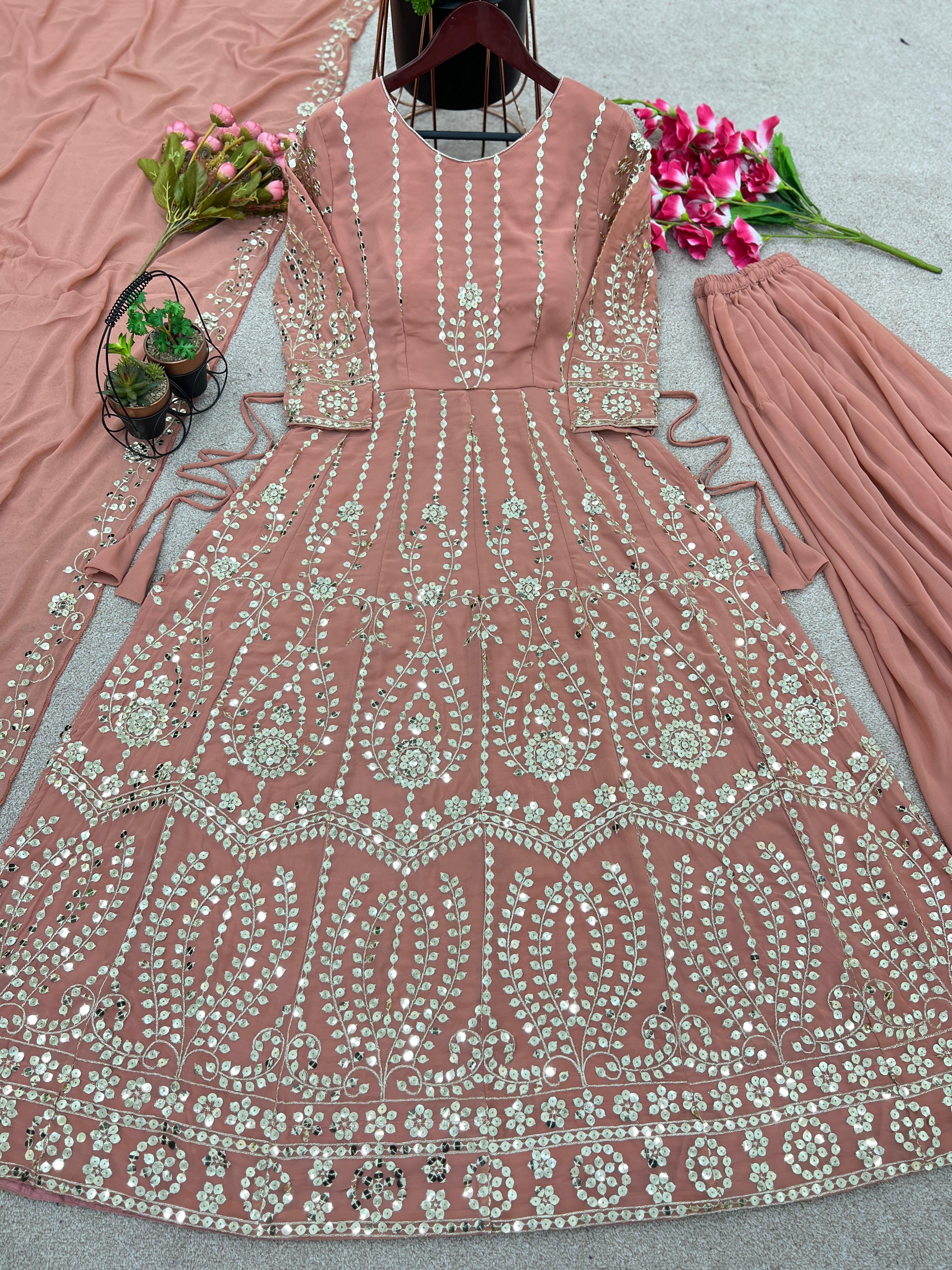 Glossy Sequence Work Peach Color Long Top With Sharara