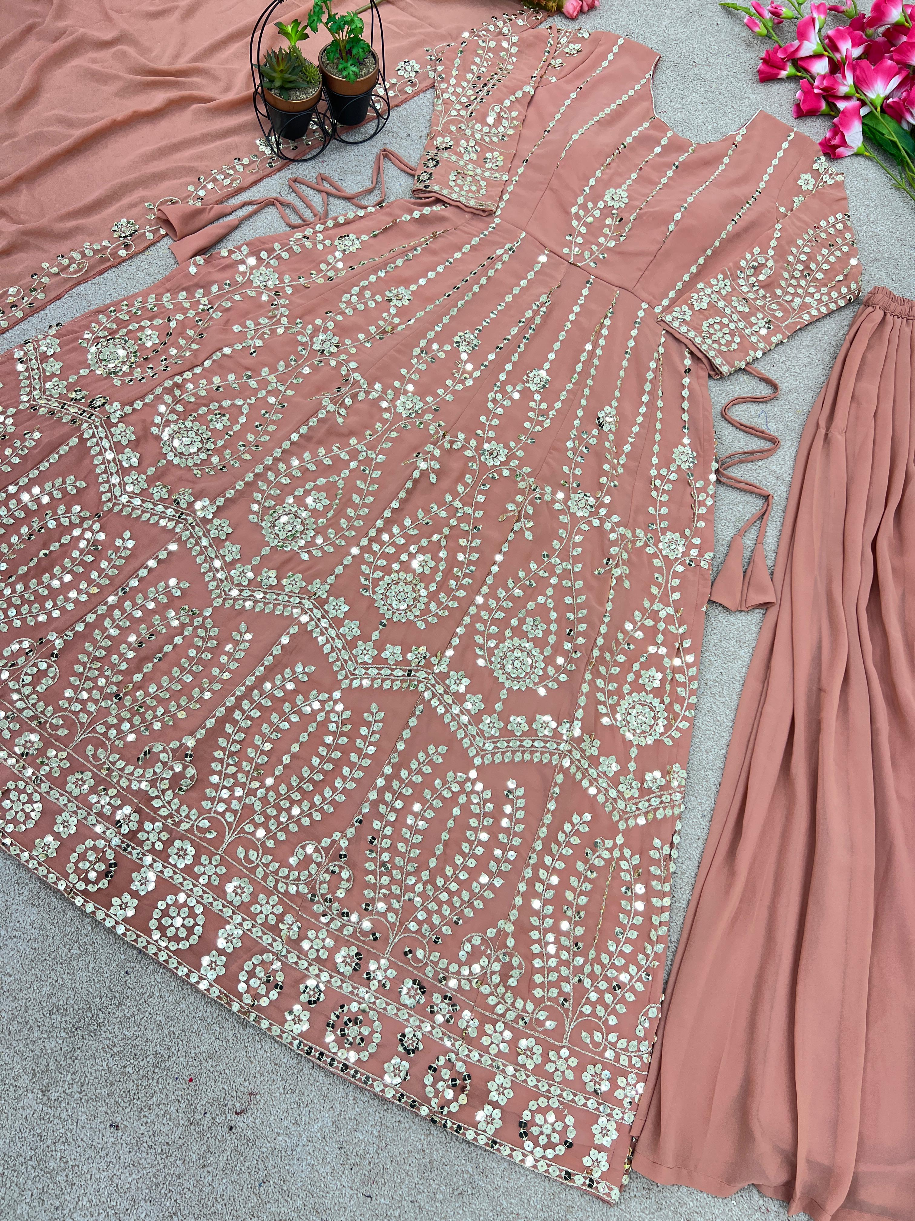 Glossy Sequence Work Peach Color Long Top With Sharara