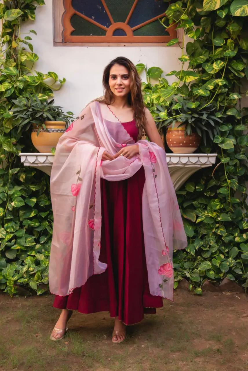 Plain Maroon Color Gown With Organza Dupatta  Vastra Shop