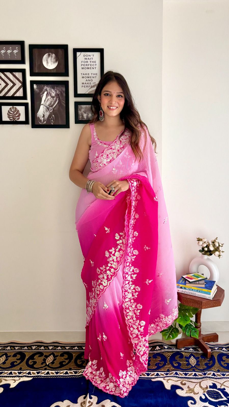 Marvelous Work With Pleated Pink Color Shade Saree