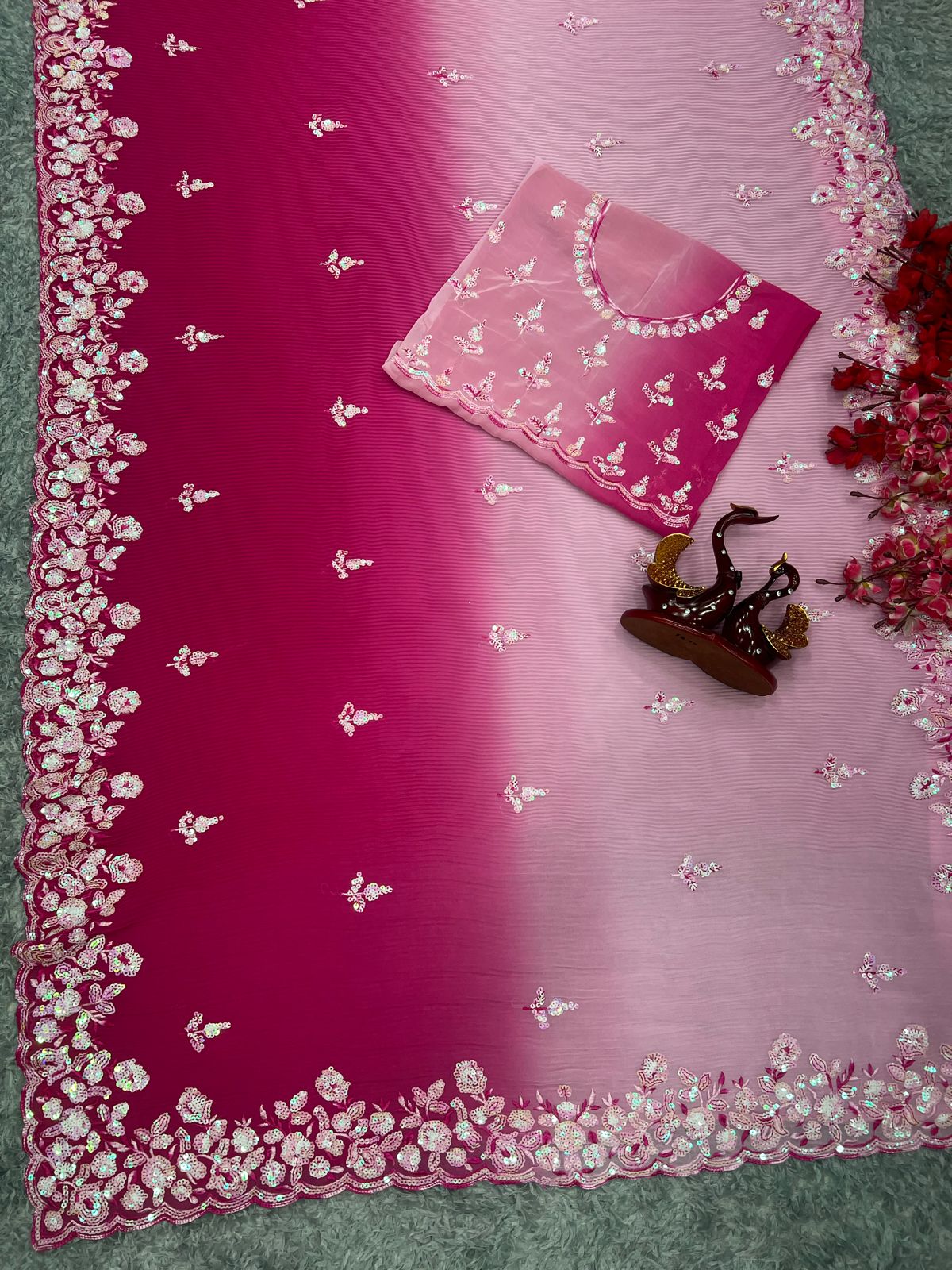 Marvelous Work With Pleated Pink Color Shade Saree