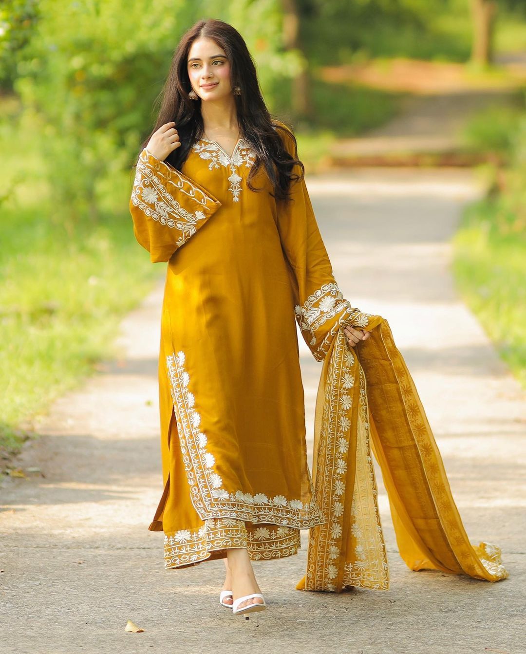 Amazing Mustard Color Embroidery Thread Work Palazzo Suit