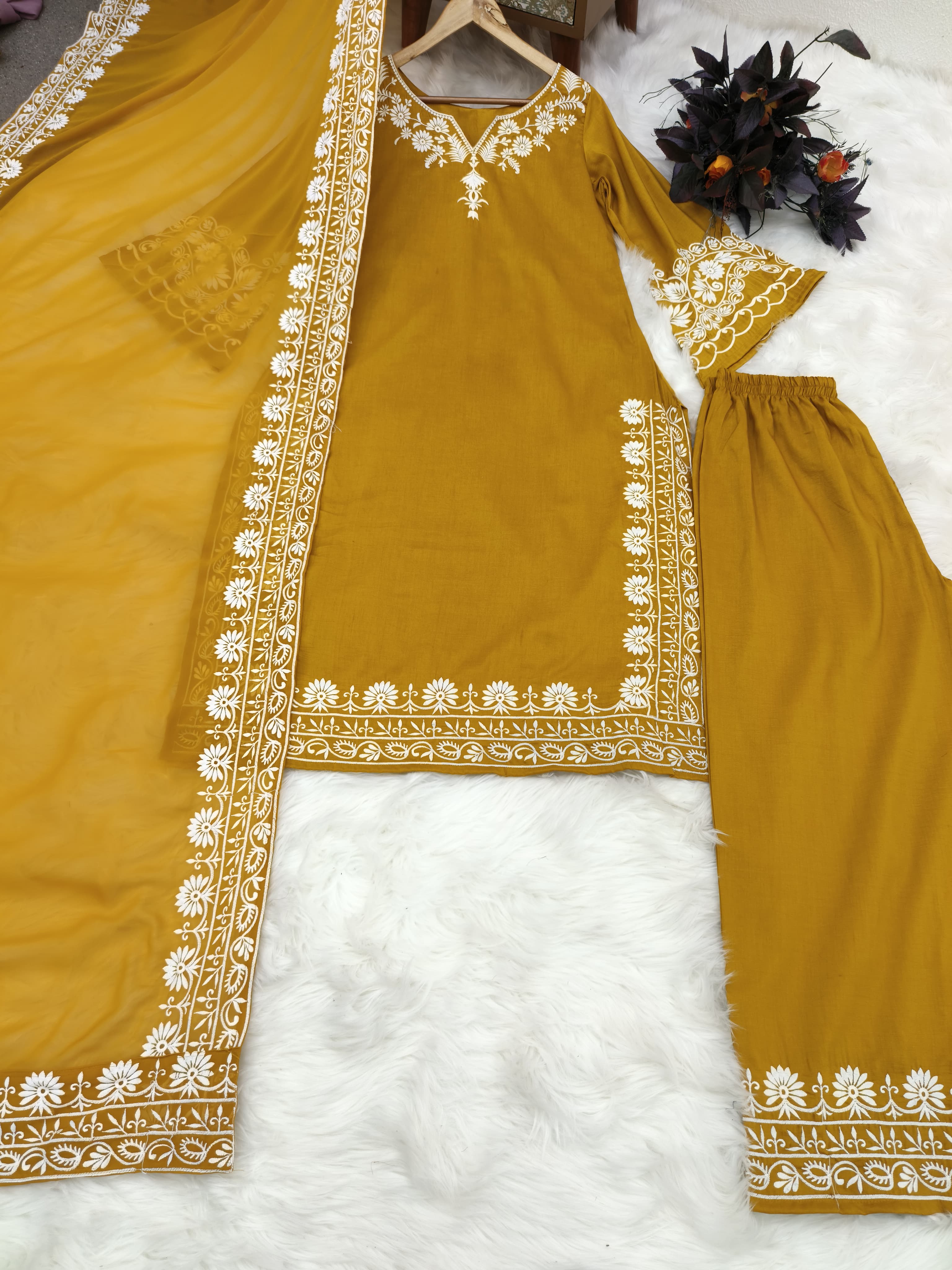 Amazing Mustard Color Embroidery Thread Work Palazzo Suit