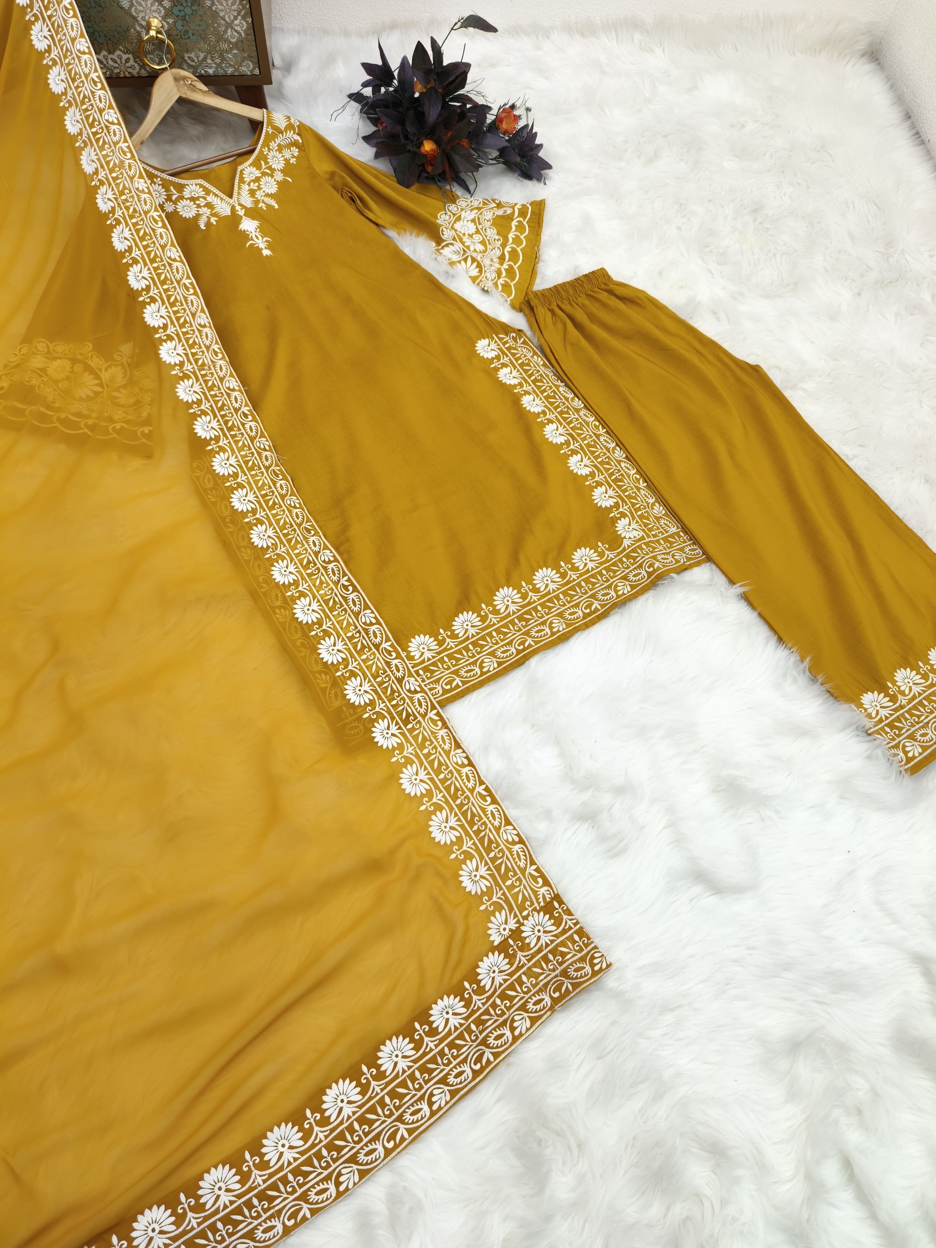 Amazing Mustard Color Embroidery Thread Work Palazzo Suit