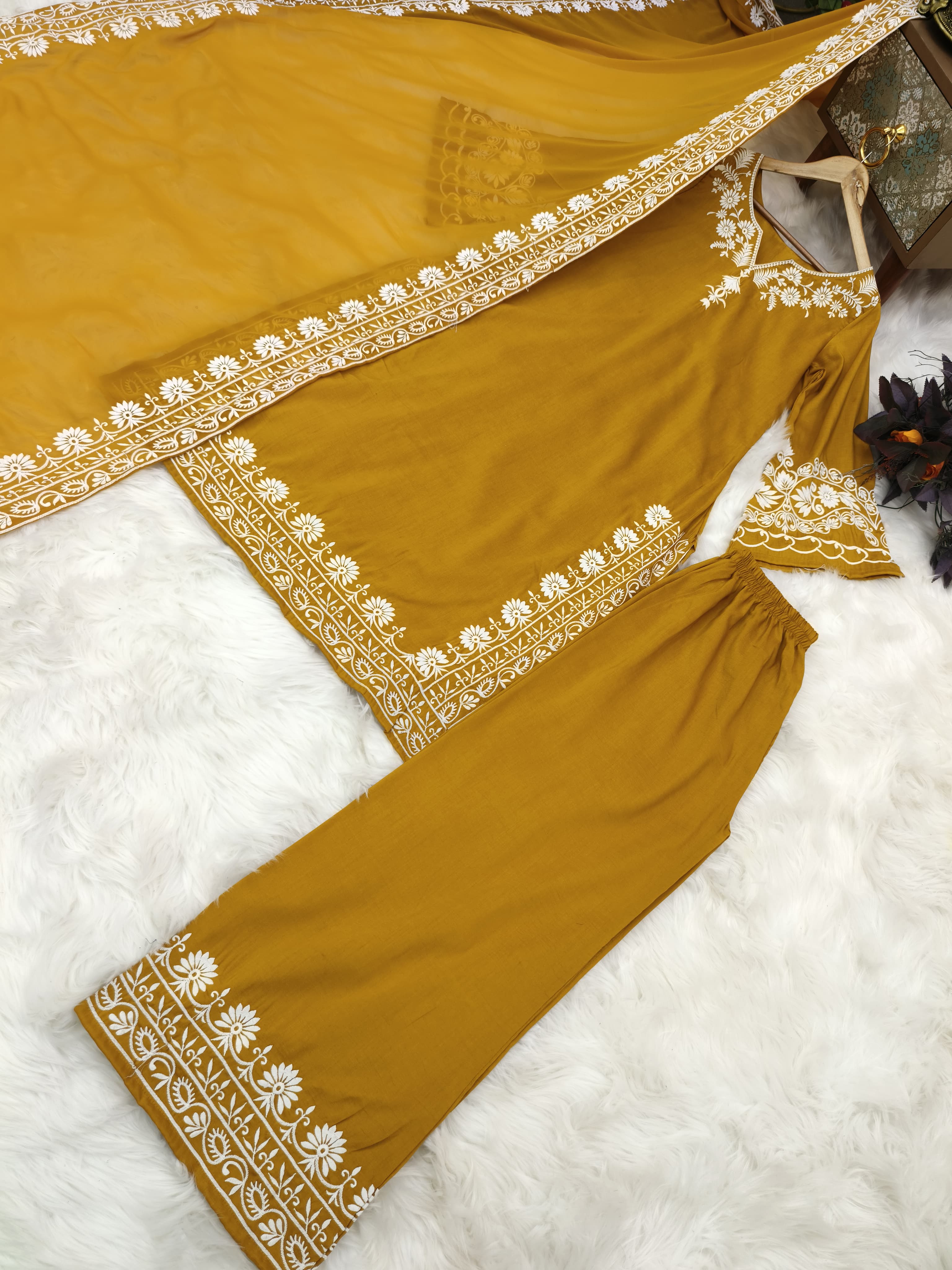 Amazing Mustard Color Embroidery Thread Work Palazzo Suit