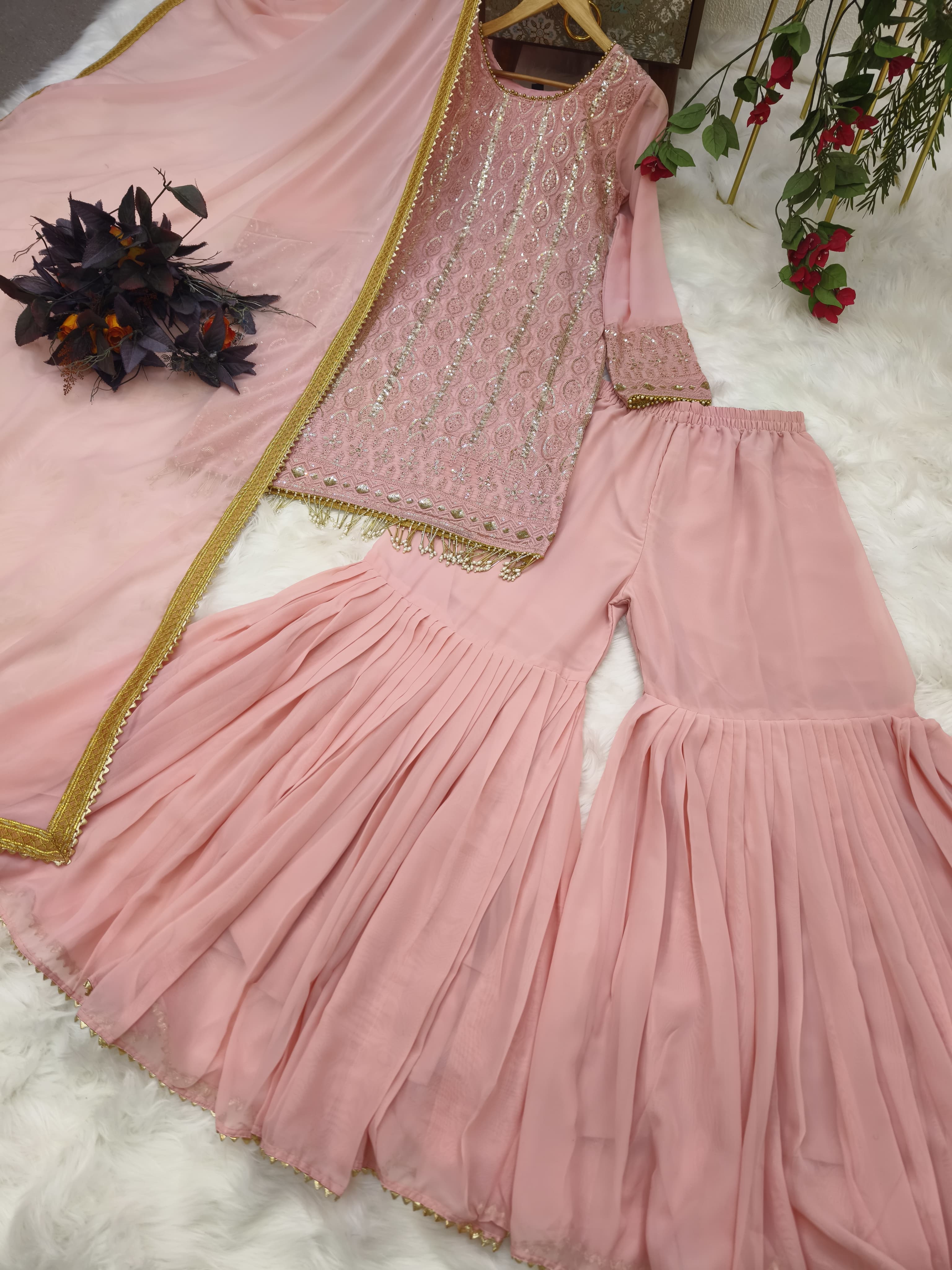 Stylish Peach Color Embroidery Sequence Work Sharara Suit