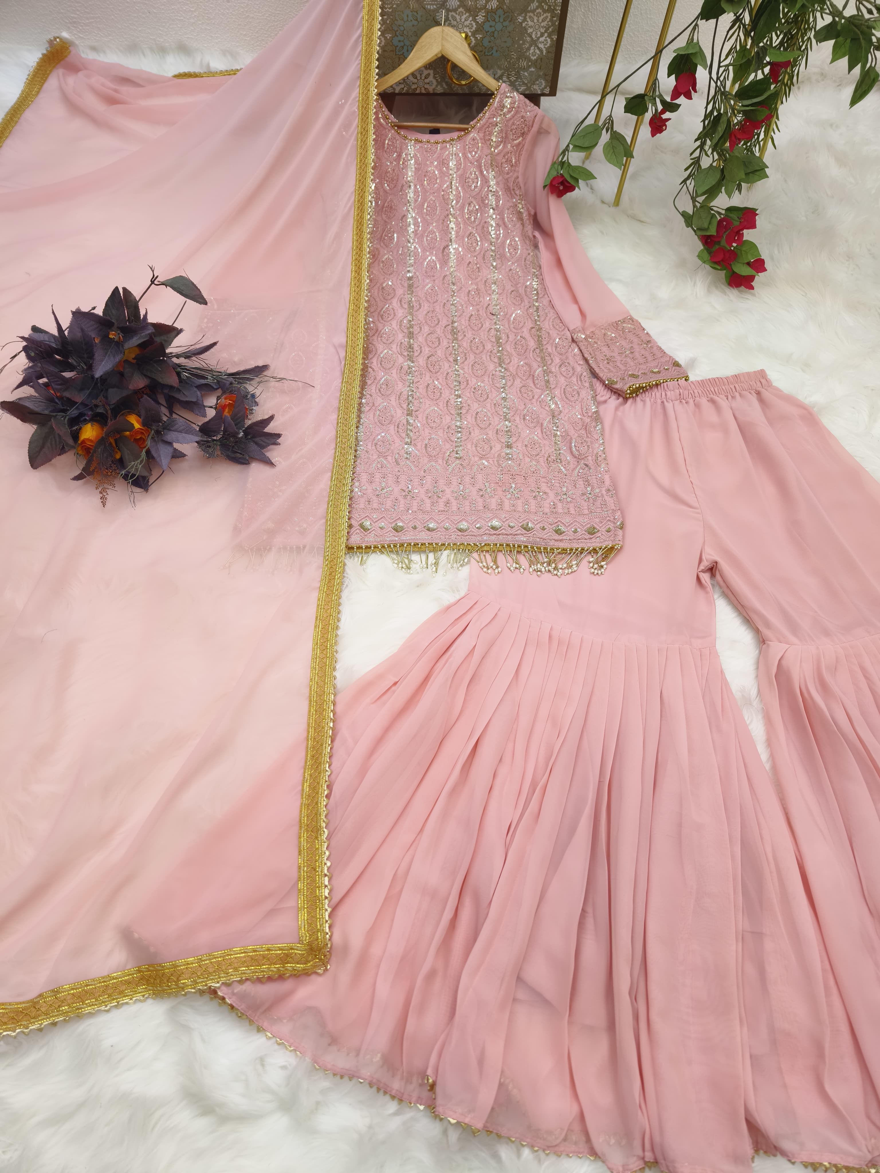 Stylish Peach Color Embroidery Sequence Work Sharara Suit