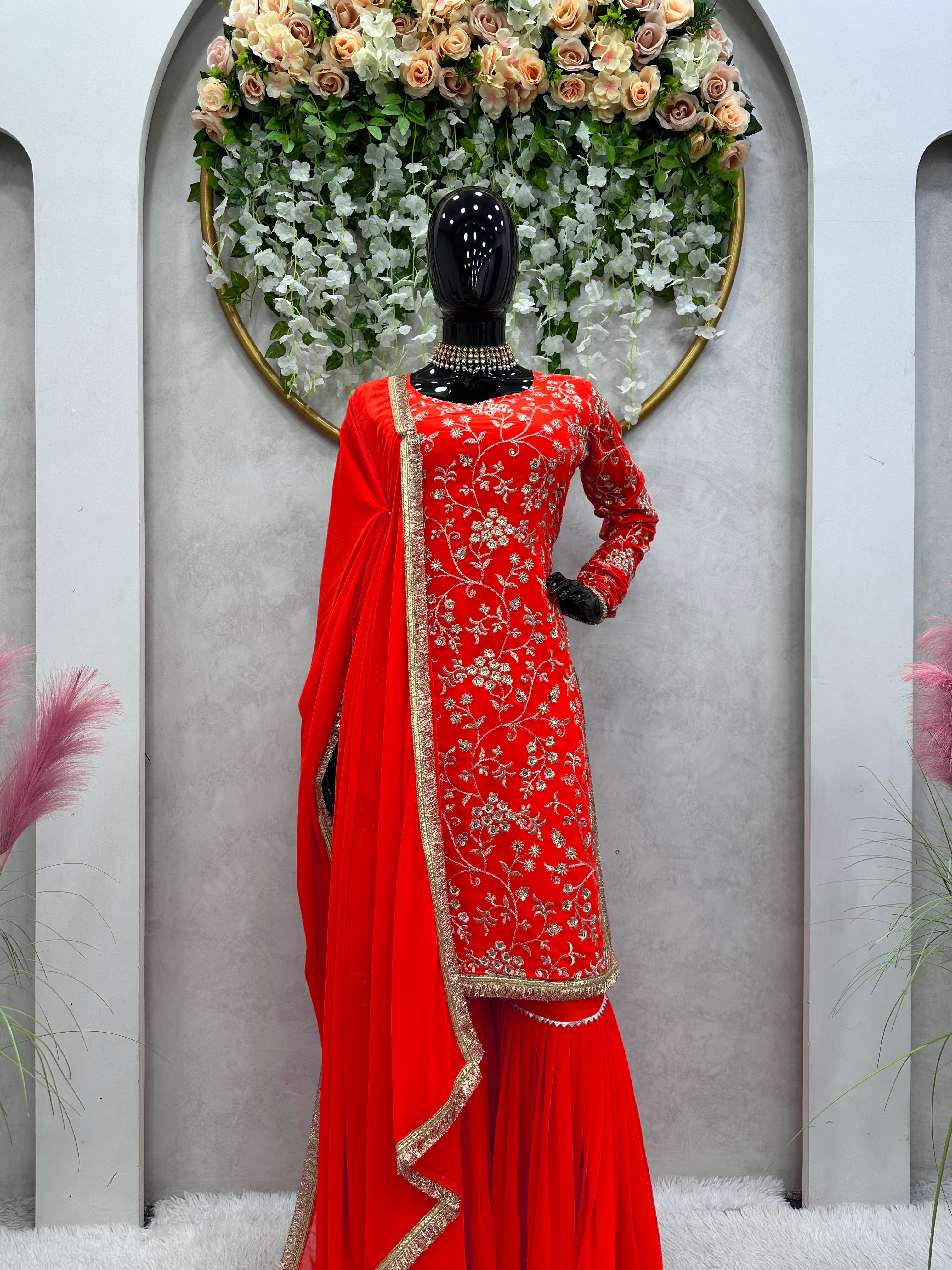 Charming Red Color Embroidery Work Sharara Suit