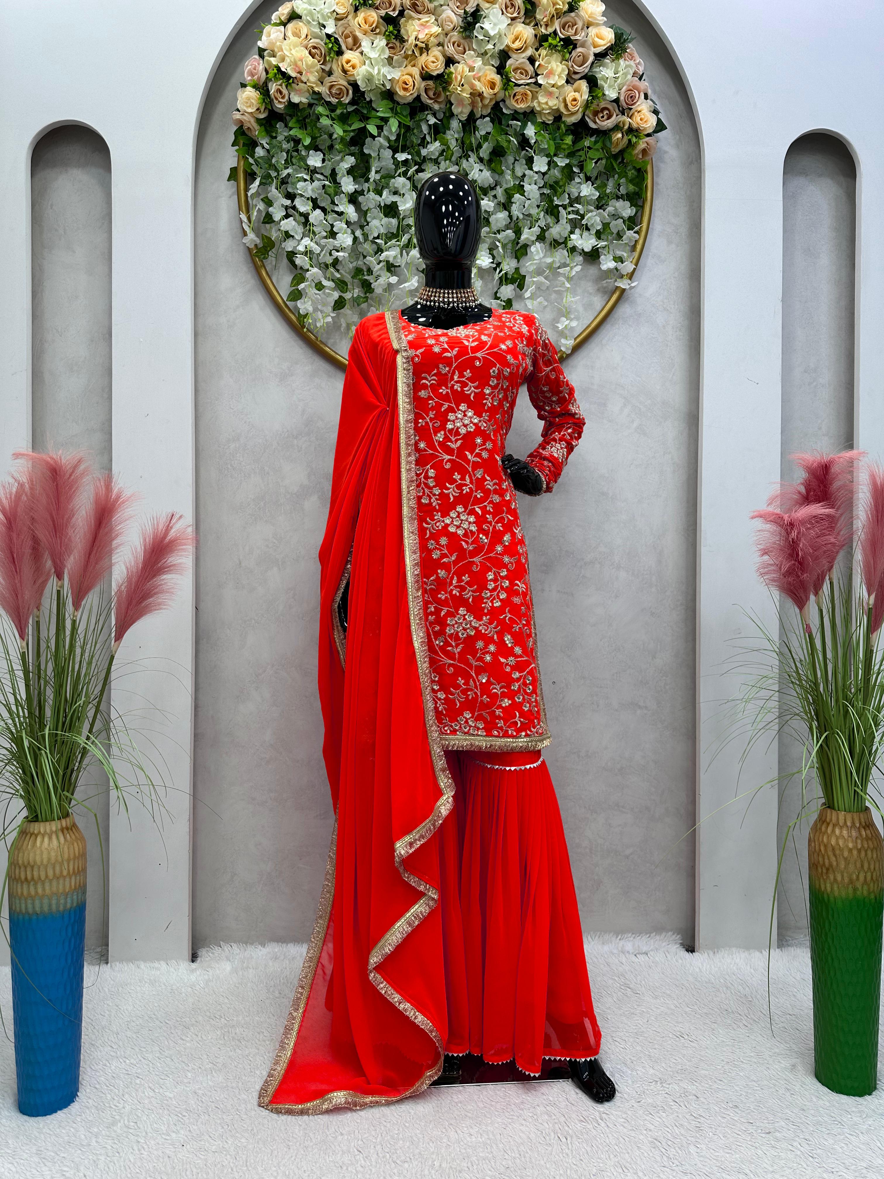 Charming Red Color Embroidery Work Sharara Suit