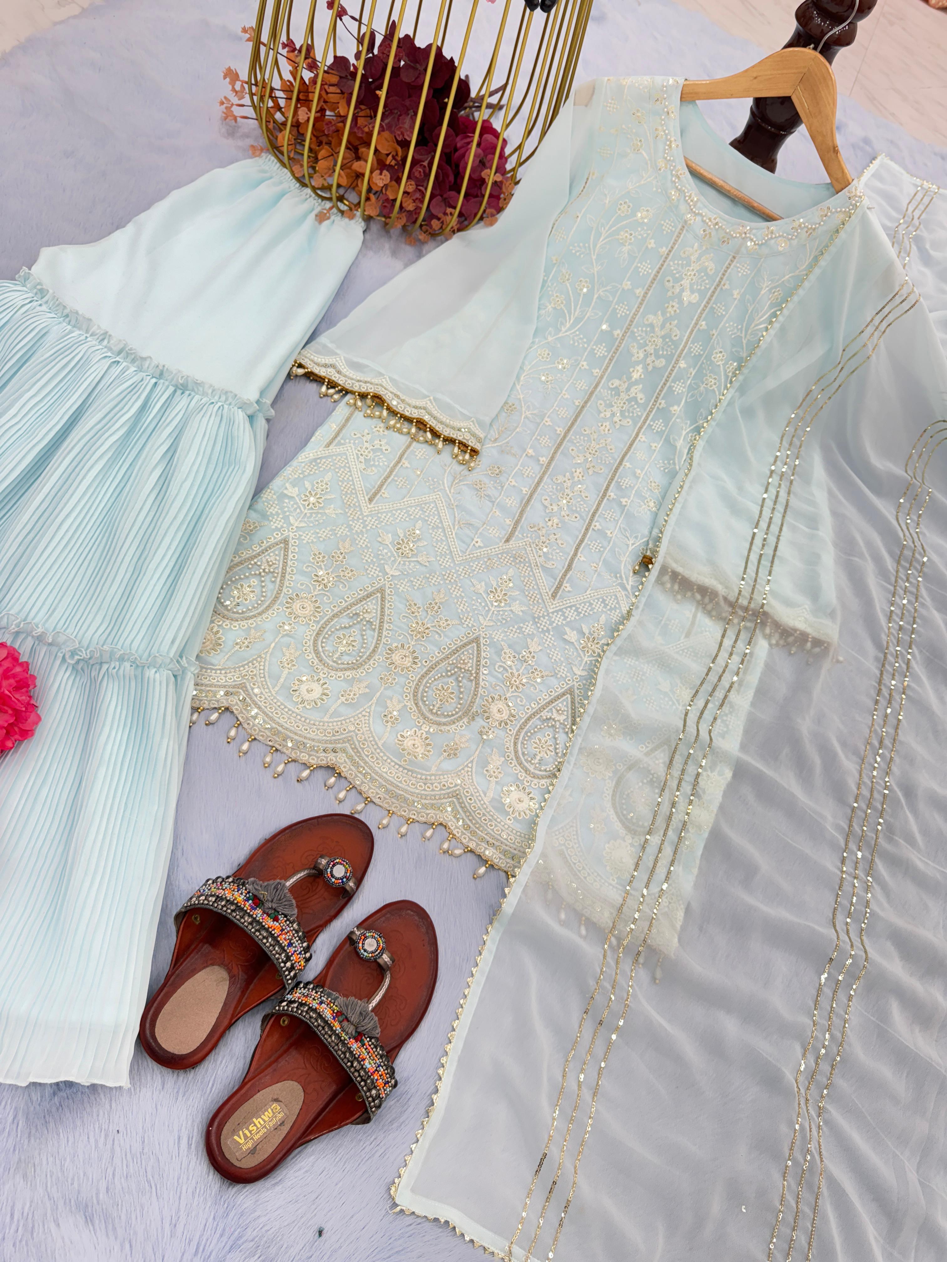 Eyes Catching Sky Blue Color Crush Sharara Set