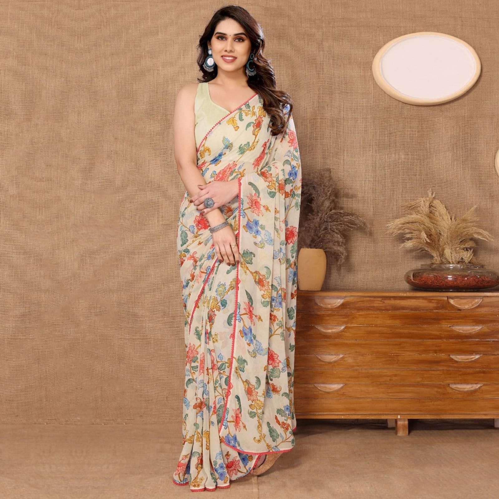 Off White Color Multi Printed Ready To Wear Saree