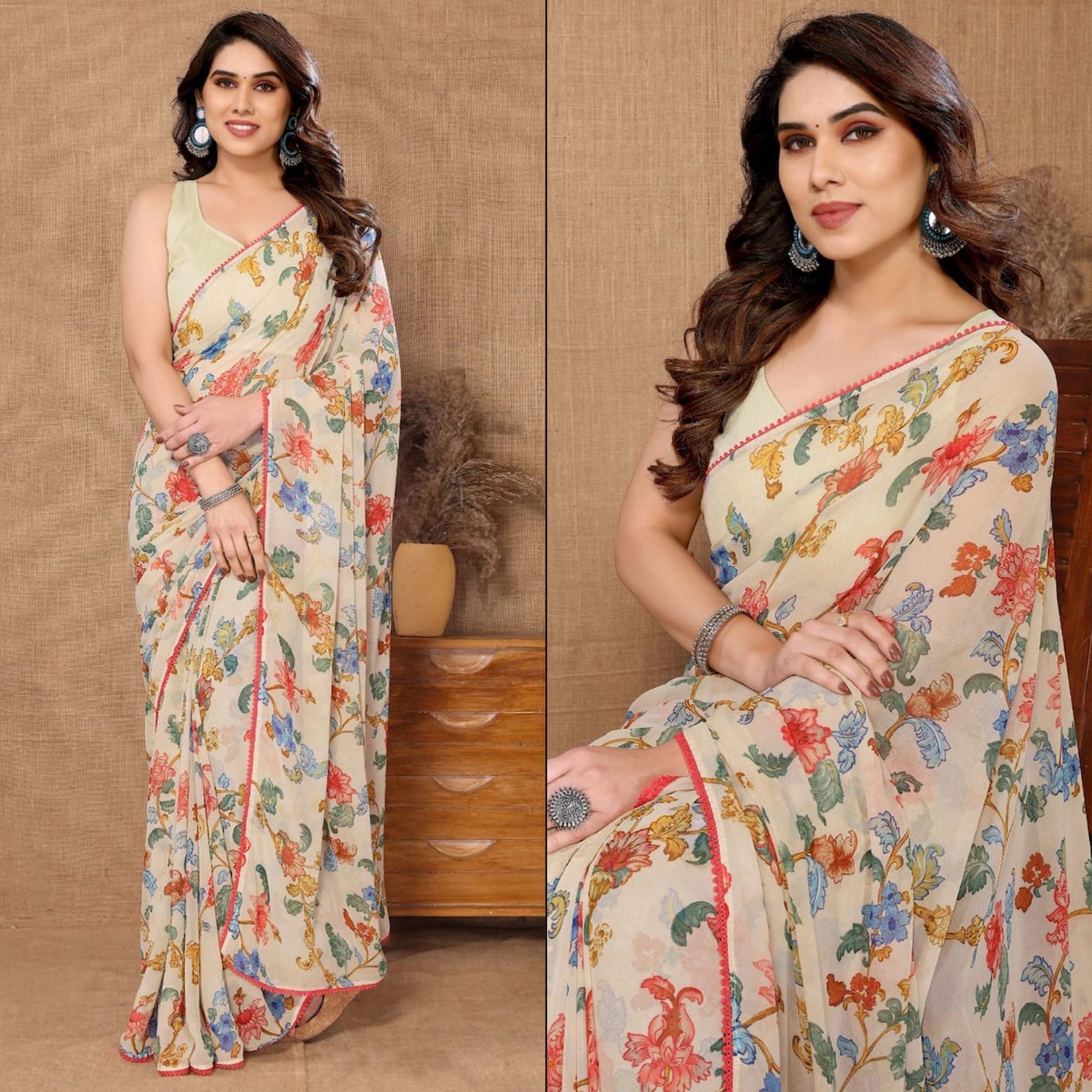 Off White Color Multi Printed Ready To Wear Saree