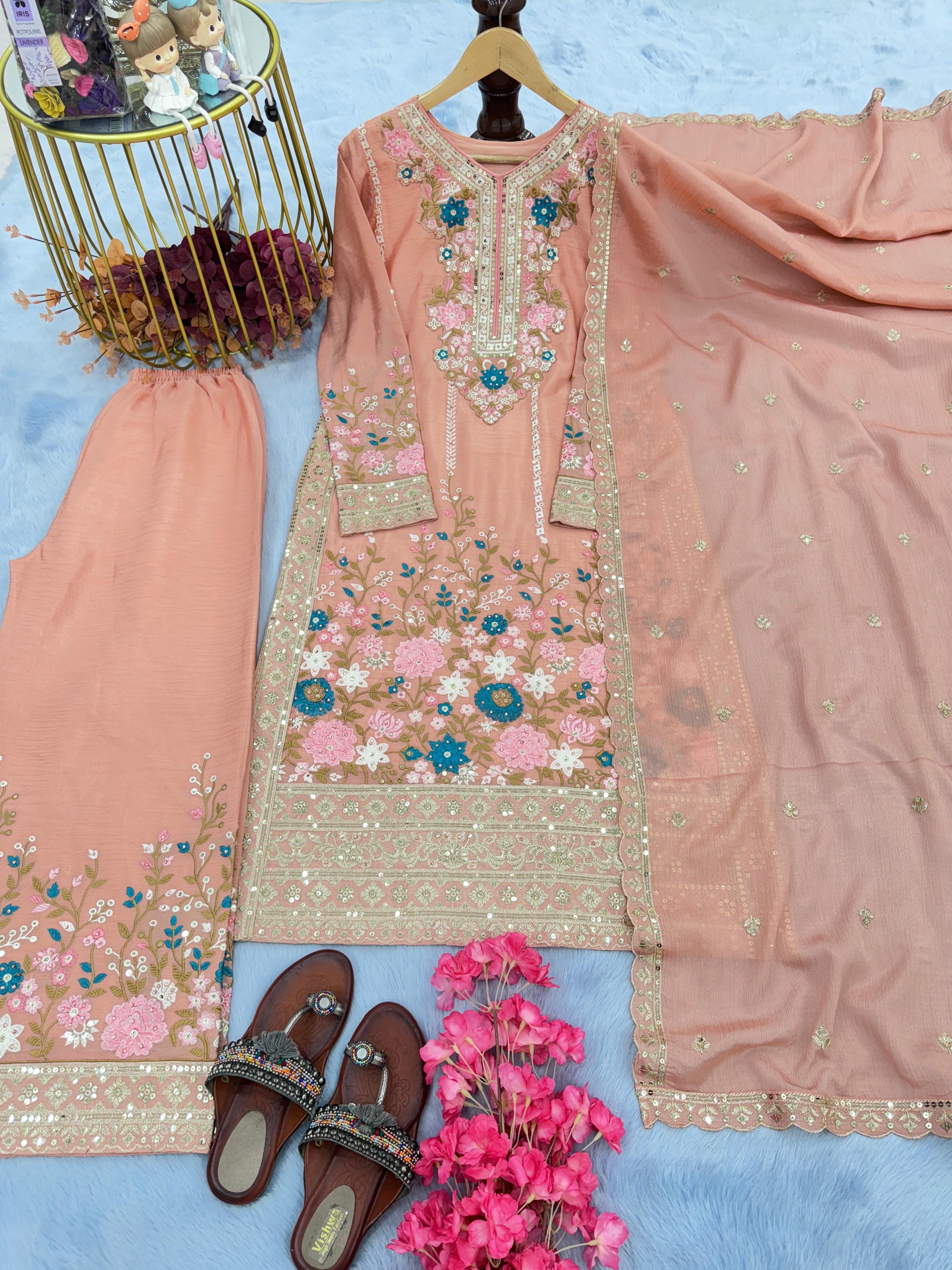 Admiring Peach Color Thread Work Palazzo Suit