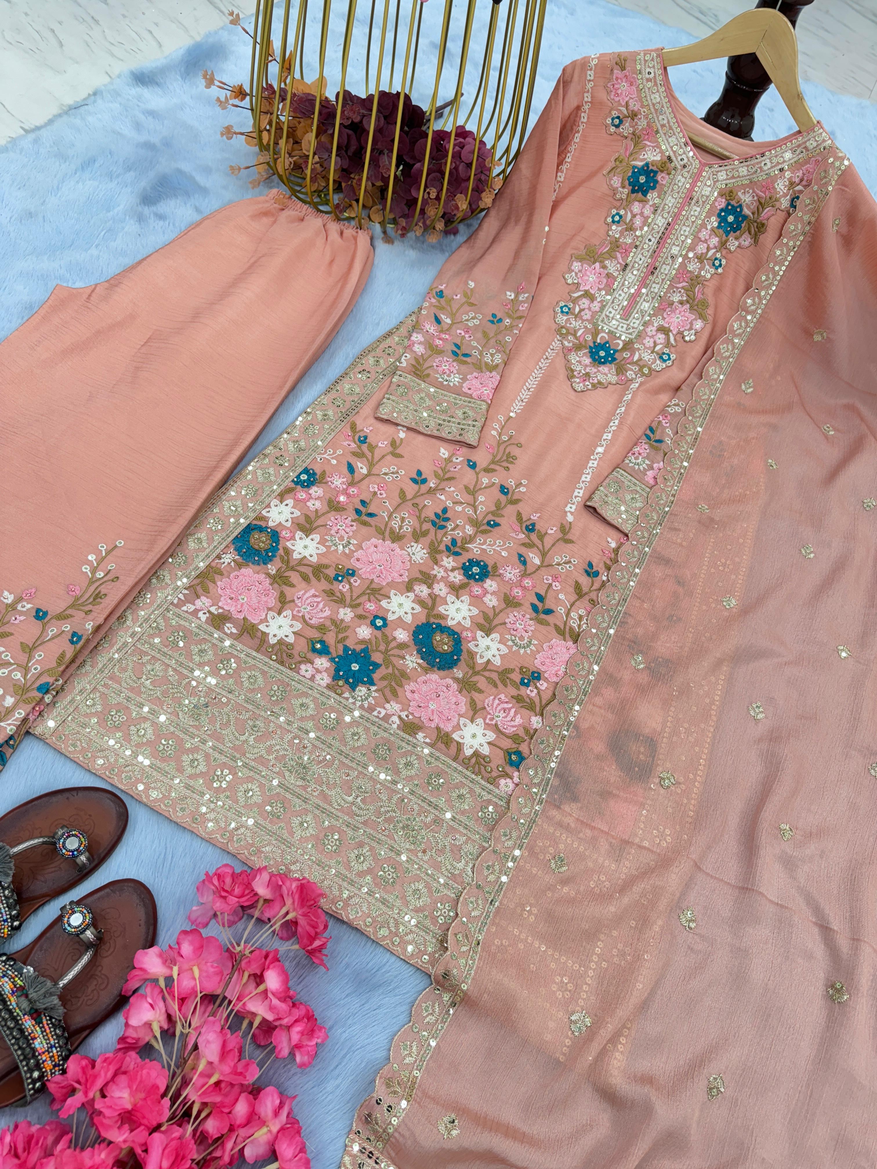 Admiring Peach Color Thread Work Palazzo Suit