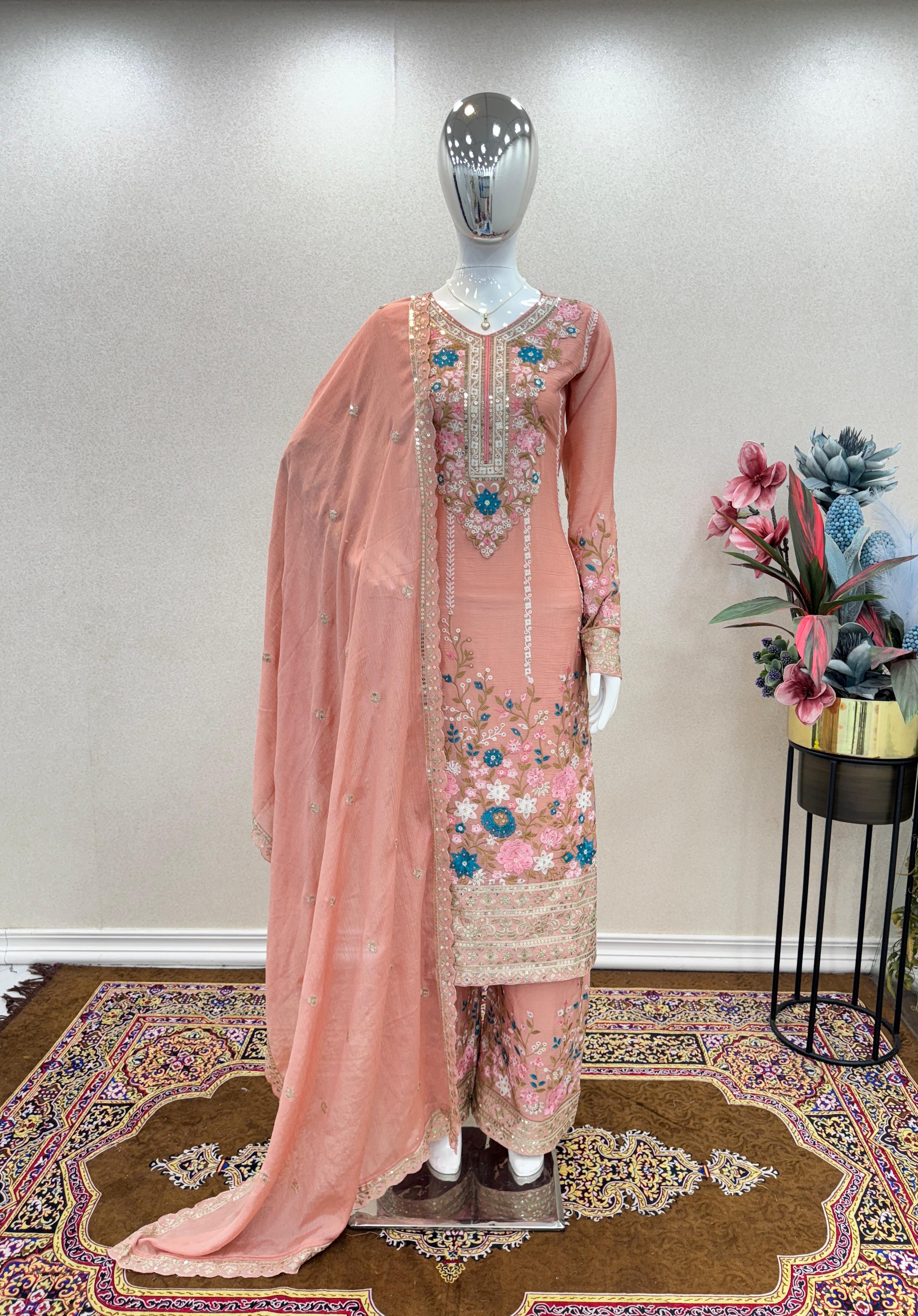 Admiring Peach Color Thread Work Palazzo Suit