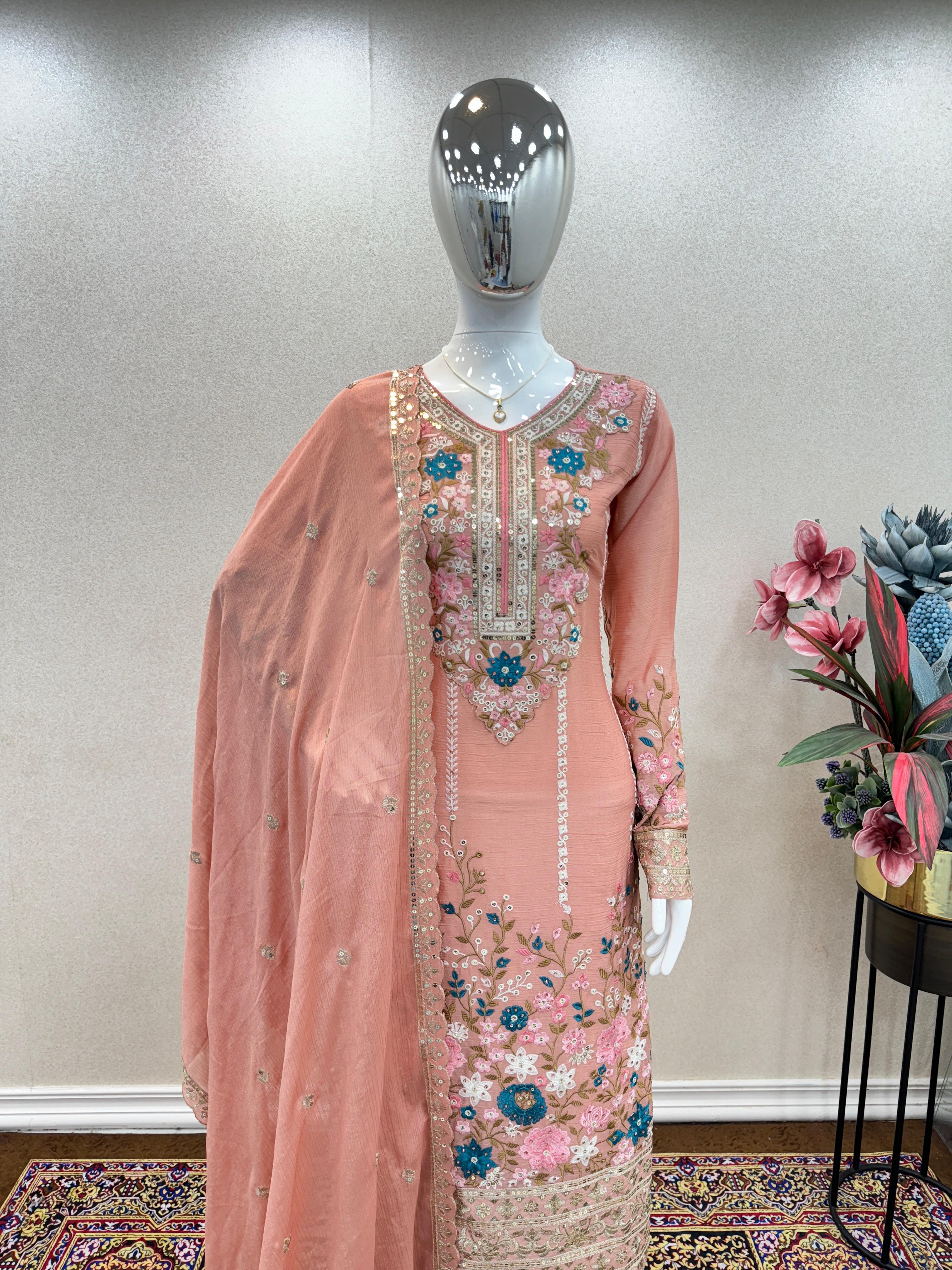 Admiring Peach Color Thread Work Palazzo Suit