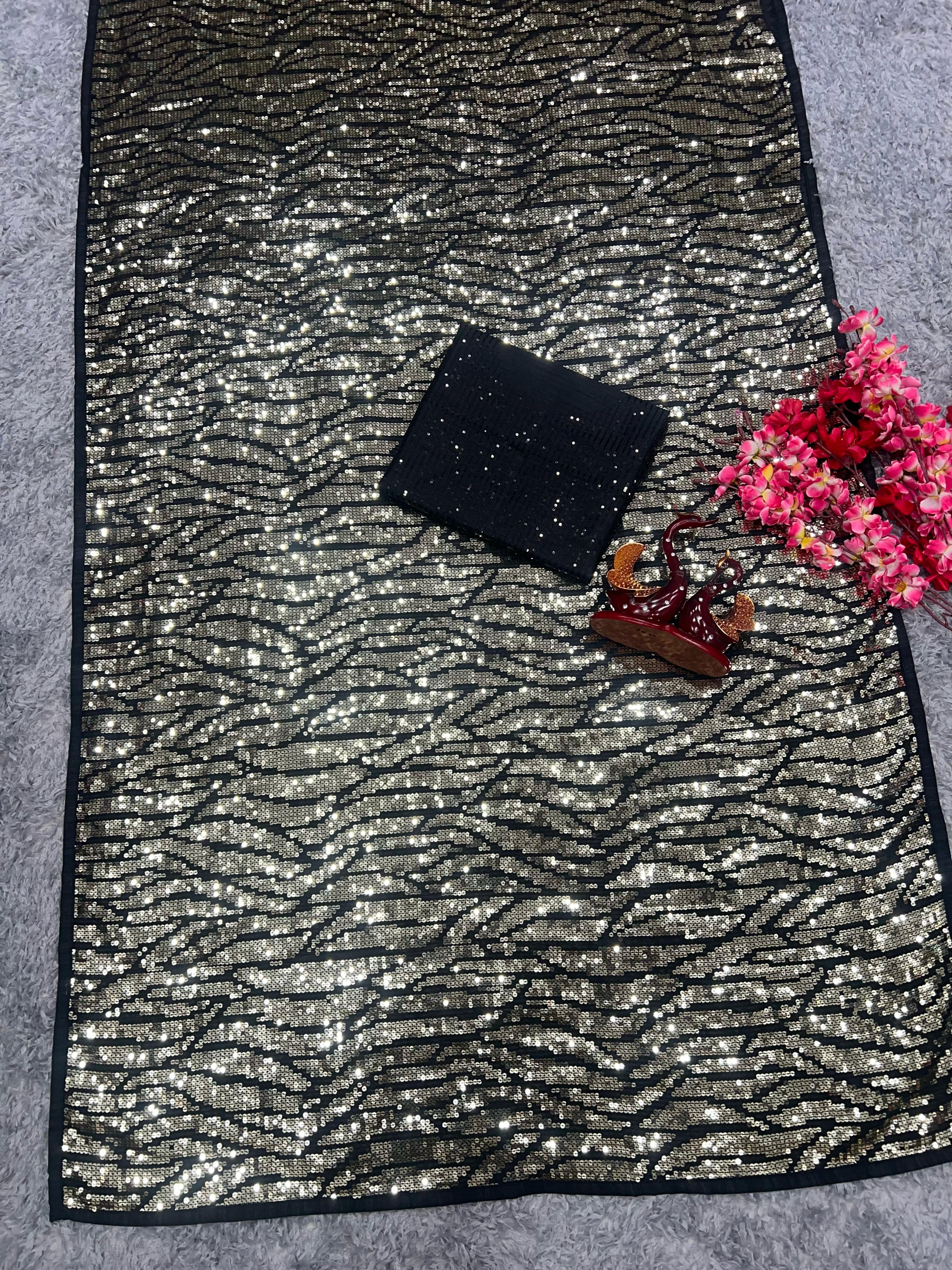 Captivating Black Color Sequence Work Saree