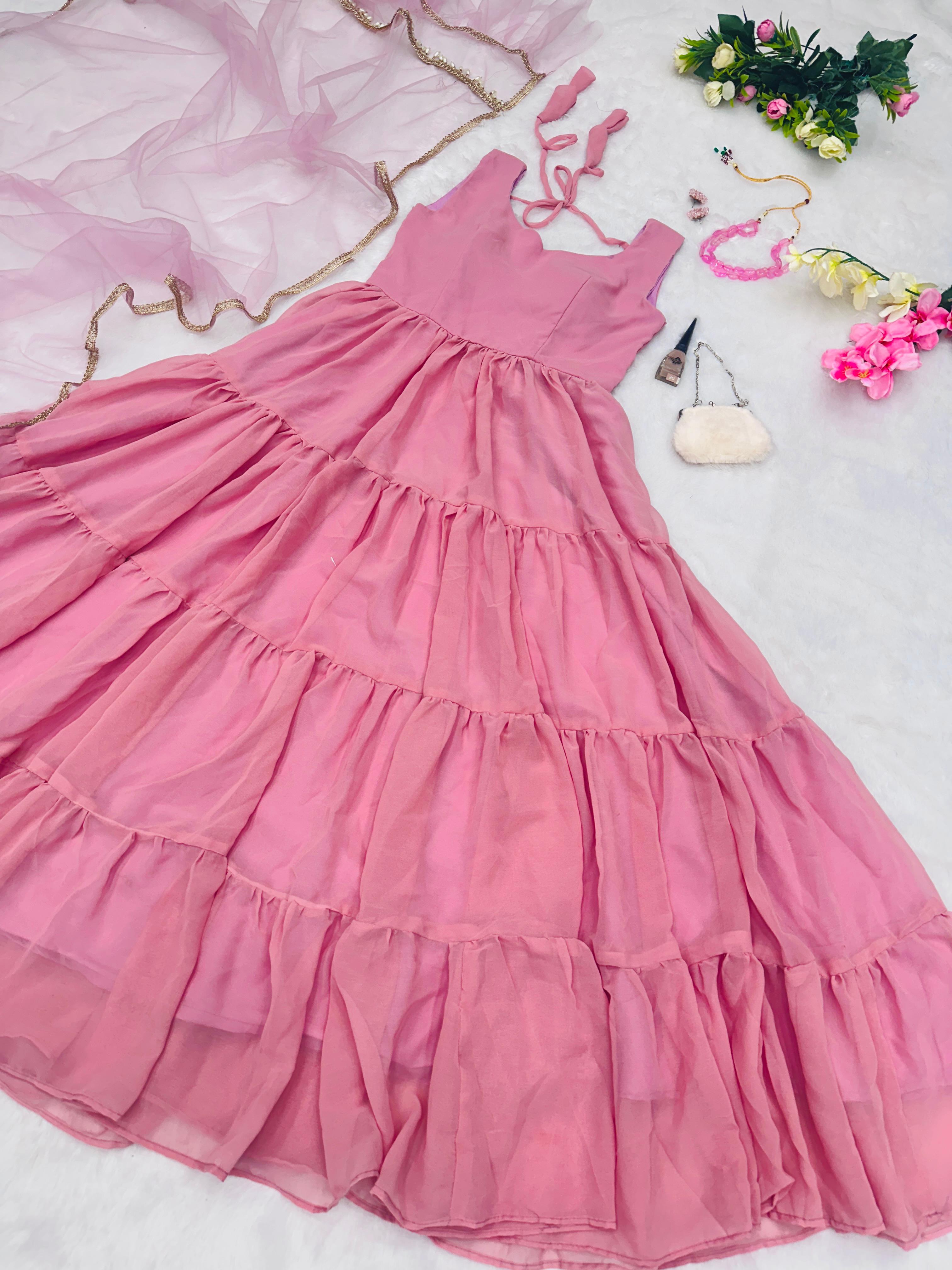 Flattering Dusty Pink Color Ruffle Style Gown – Vastra Shop