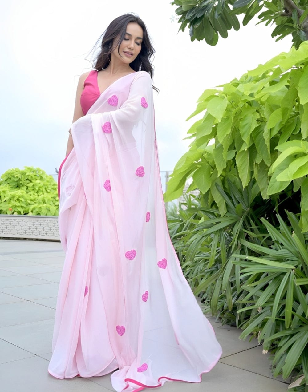 Bollywood Style Ready To Wear Pink Heart Design Saree