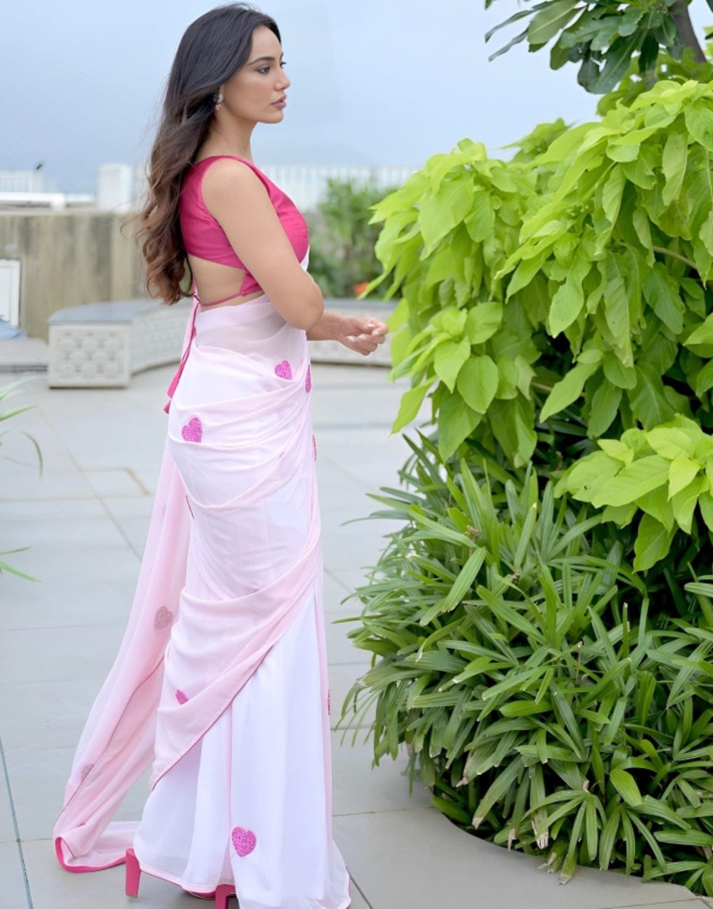 Bollywood Style Ready To Wear Pink Heart Design Saree