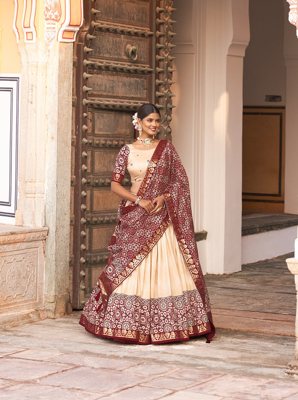 Ajrakh With Foil Print Off White Color Lehenga Choli