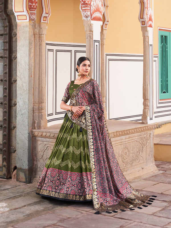 Ajrakh With Foil Print Green Color Lehenga Choli