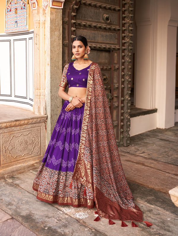 Ajrakh With Foil Print Purple Color Lehenga Choli