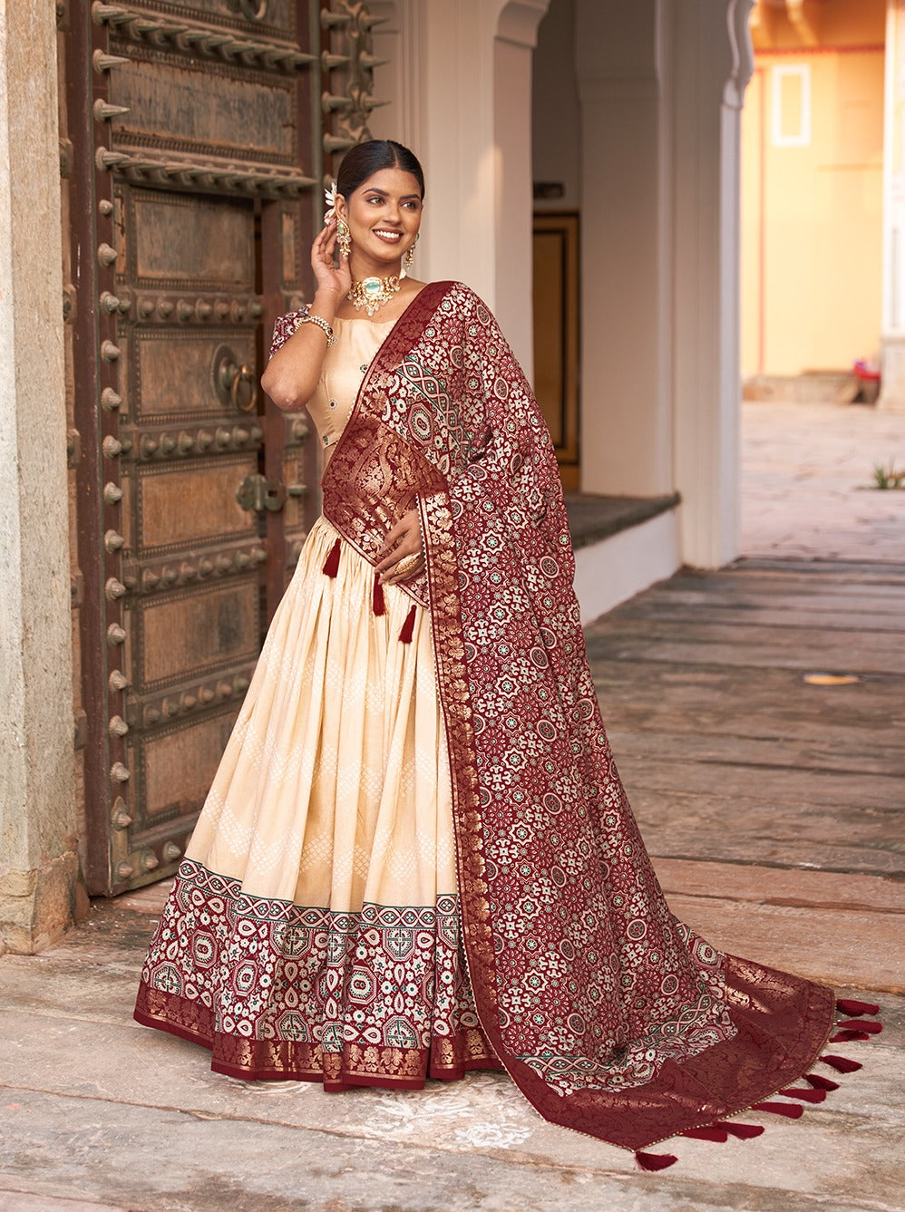 Ajrakh With Foil Print Off White Color Lehenga Choli