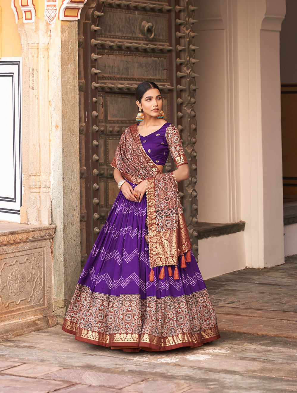 Ajrakh With Foil Print Purple Color Lehenga Choli