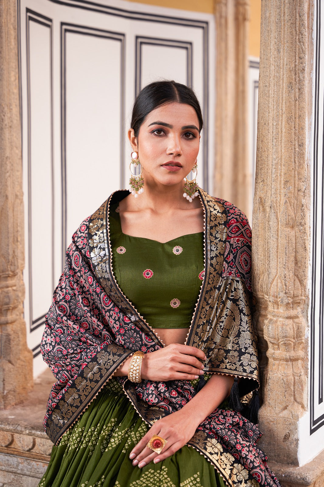 Ajrakh With Foil Print Green Color Lehenga Choli