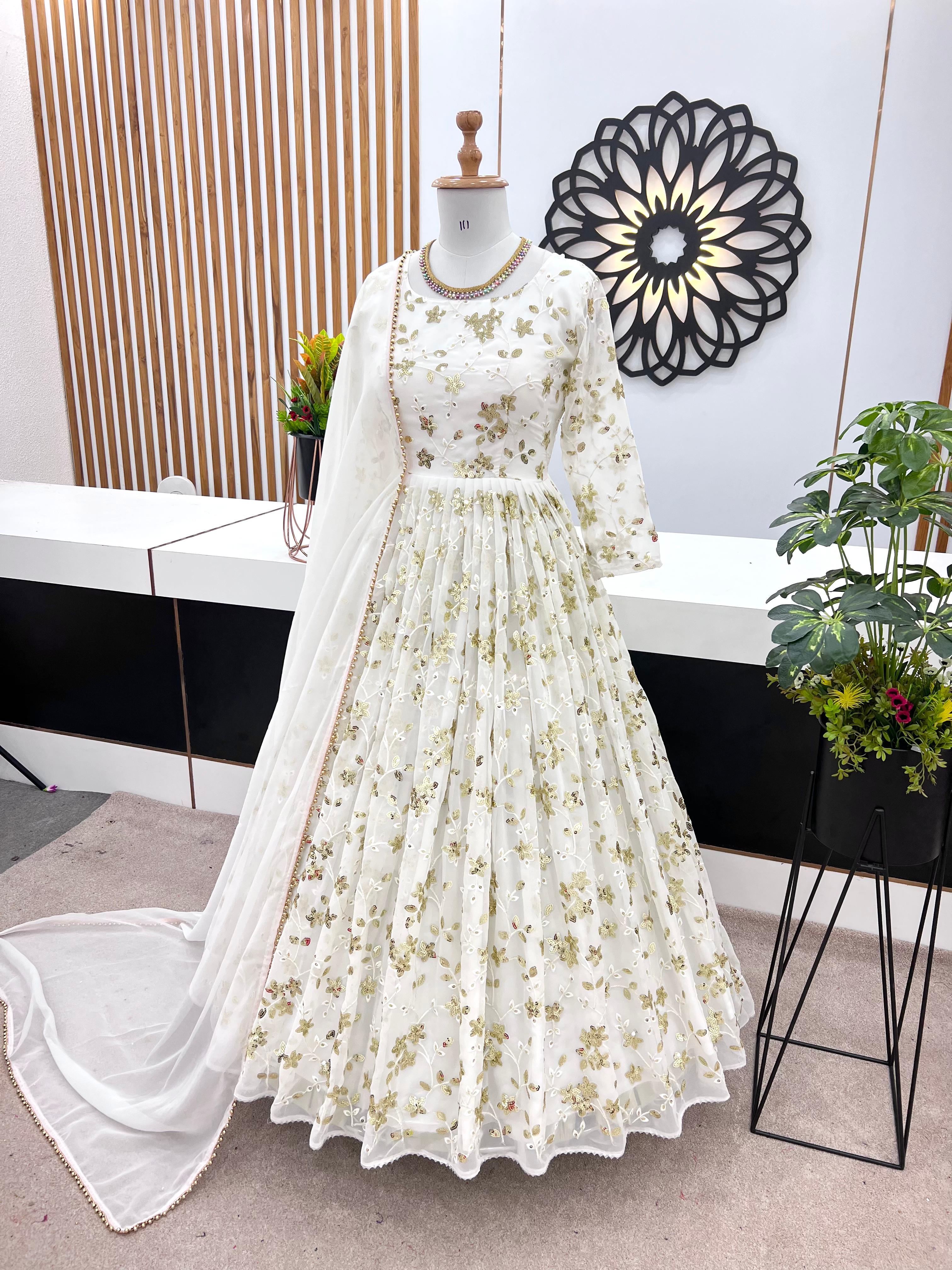 Admiring Embroidery Sequence Work White Color Gown Vastra Shop Admiring Embroidery Sequence Work White Color Gown Vastra Shop