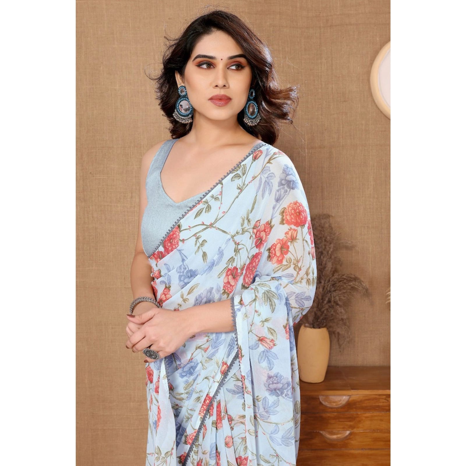 Ready To Wear Sky Blue Color Digital Printed Saree