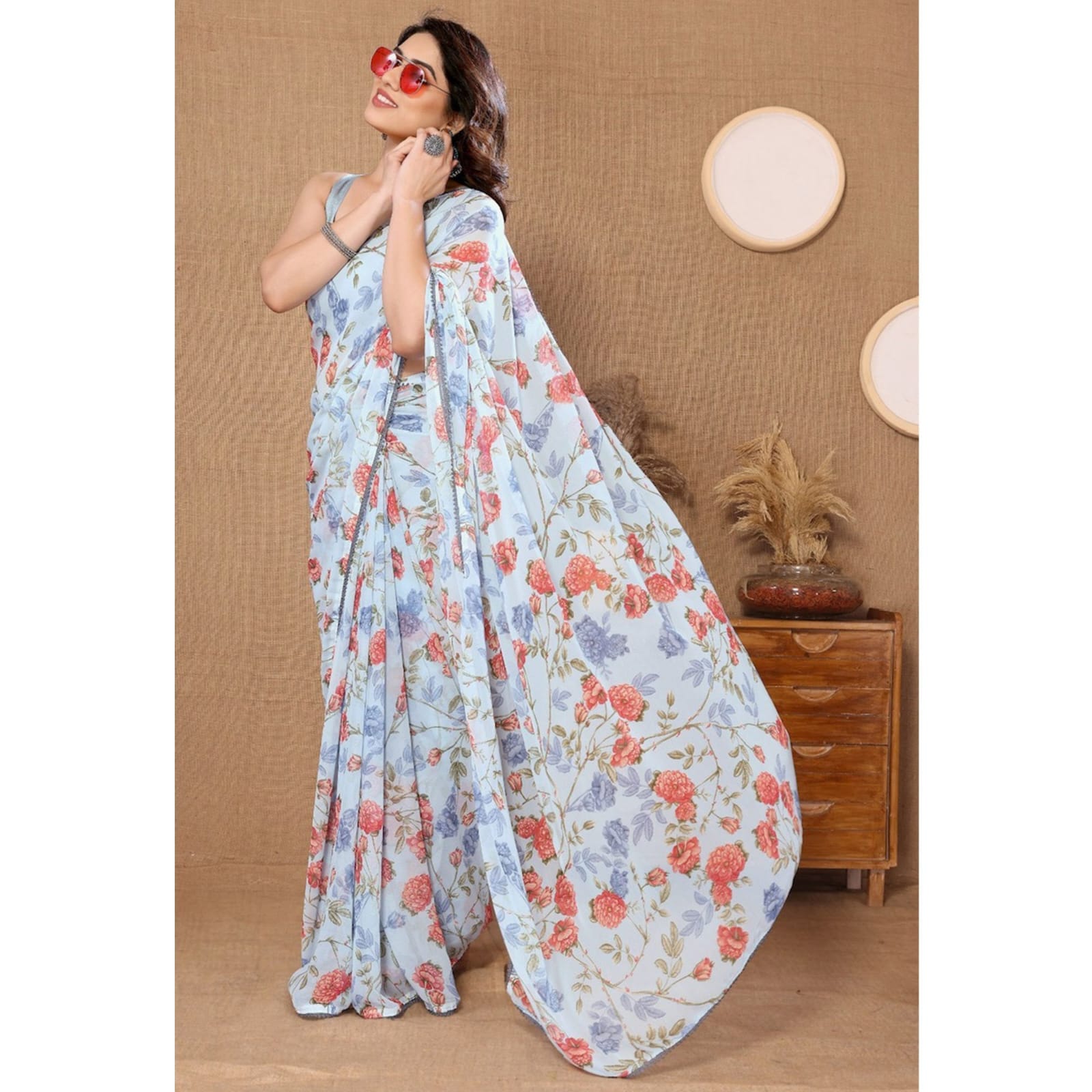 Ready To Wear Sky Blue Color Digital Printed Saree