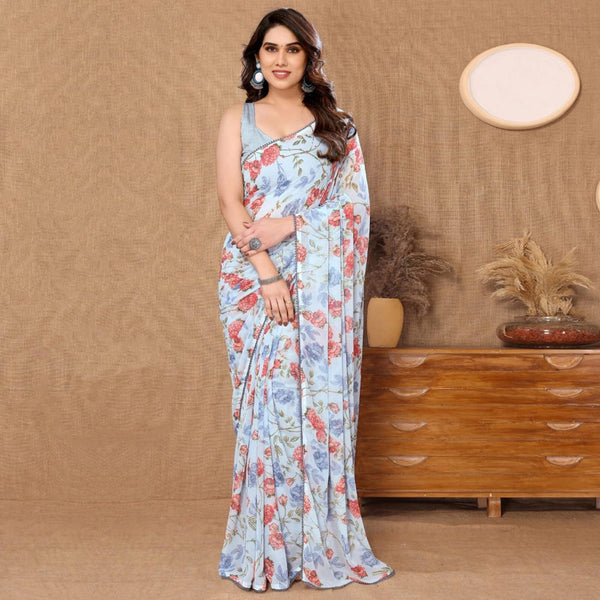 Ready To Wear Sky Blue Color Digital Printed Saree