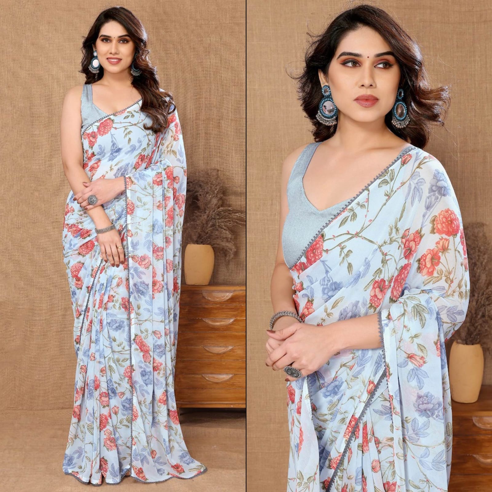 Ready To Wear Sky Blue Color Digital Printed Saree