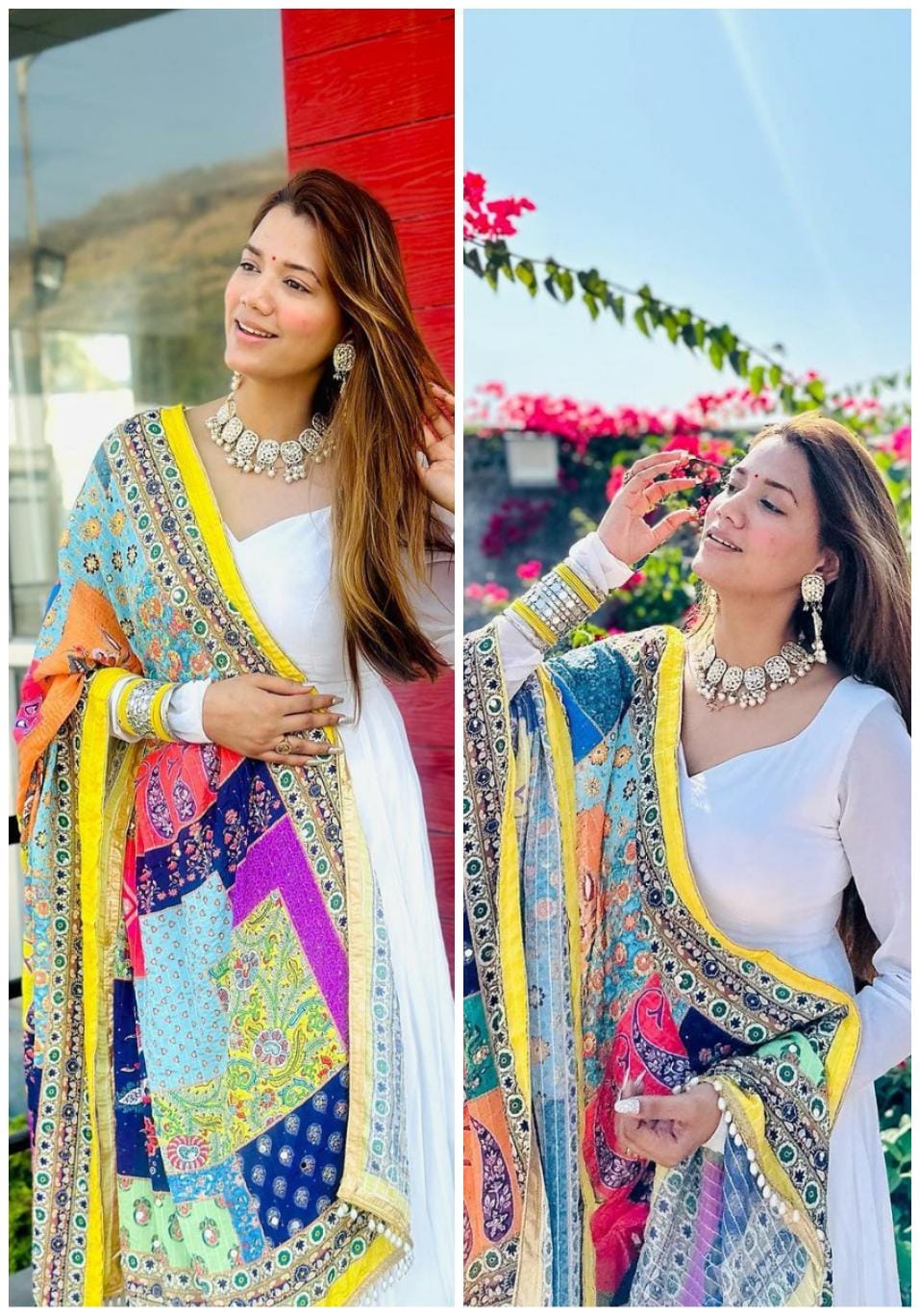 Fashionable White Gown With Multi Printed Dupatta