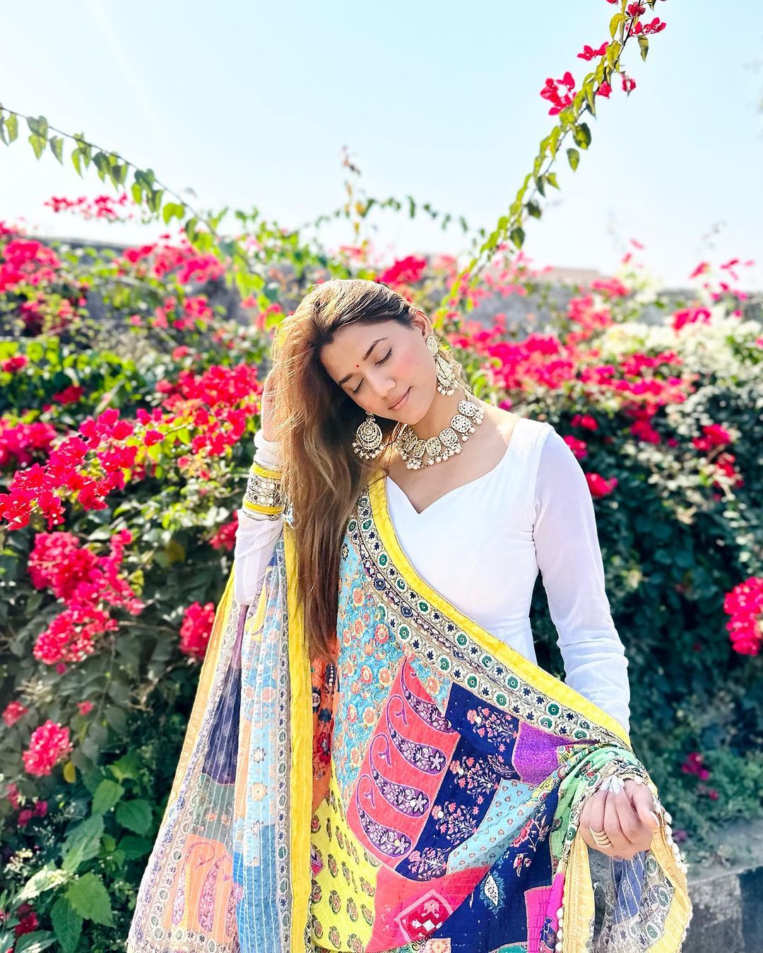 Fashionable White Gown With Multi Printed Dupatta