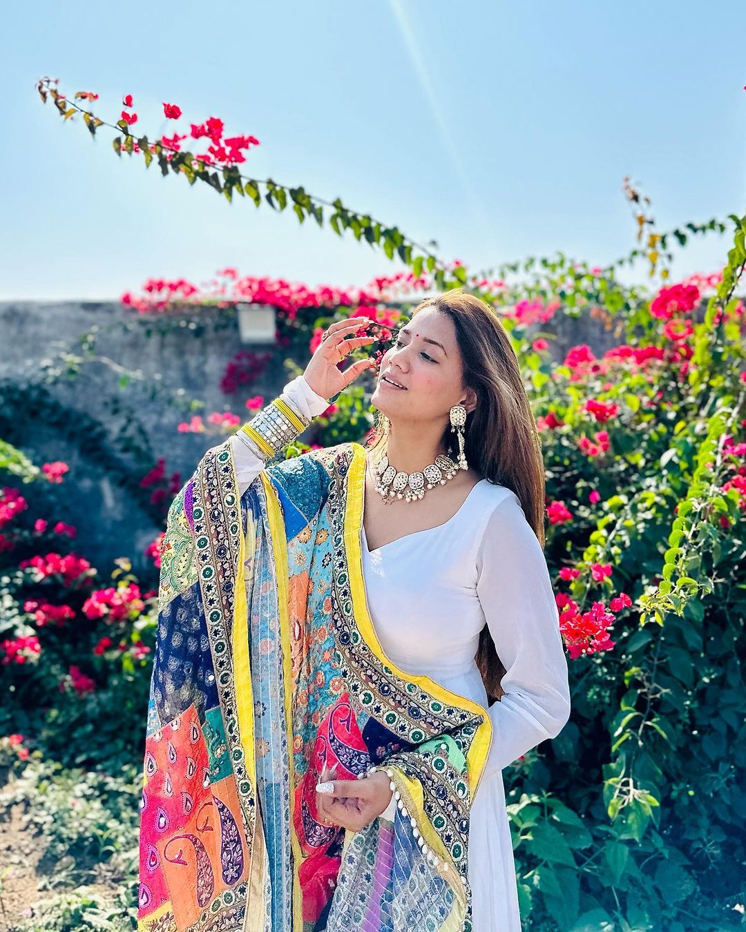 Fashionable White Gown With Multi Printed Dupatta