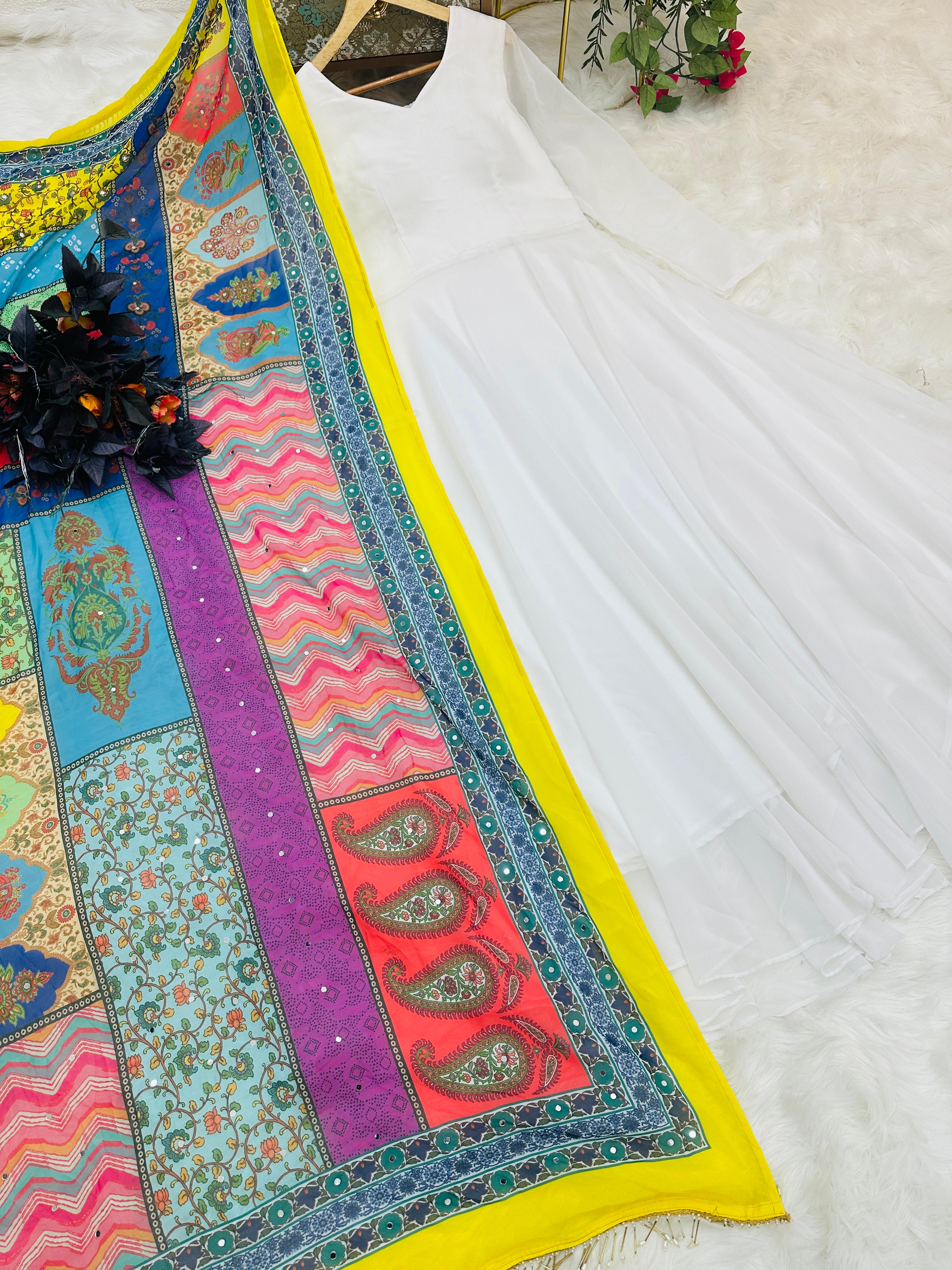 Fashionable White Gown With Multi Printed Dupatta