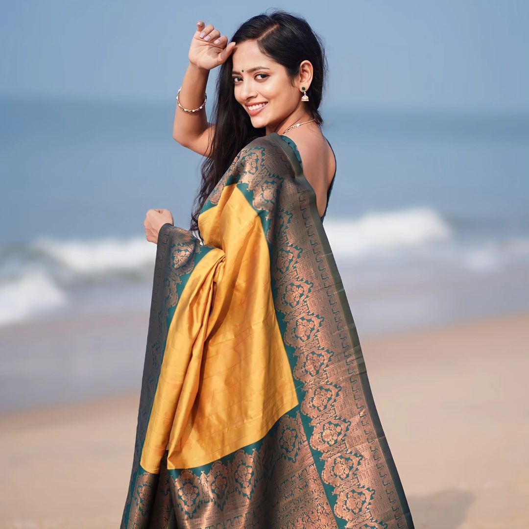 Soft Lichi Silk Yellow Color With Sky Blue Border Saree