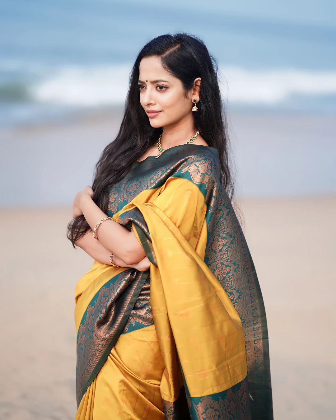 Soft Lichi Silk Yellow Color With Sky Blue Border Saree