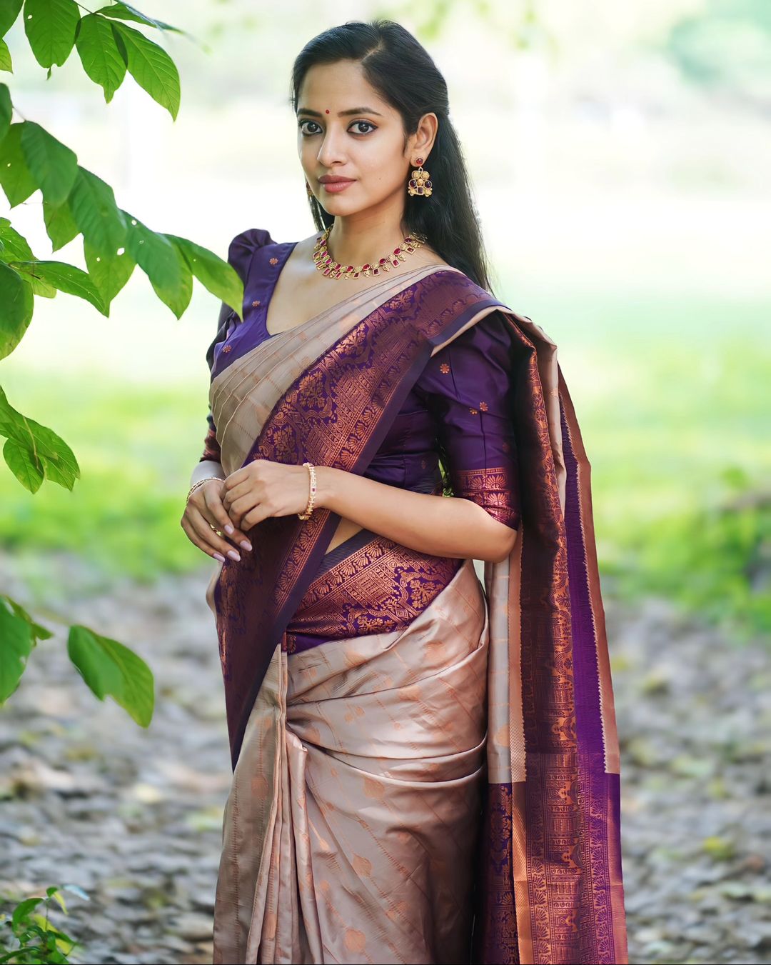 Soft Lichi Silk Beige Color With Purple Border Saree