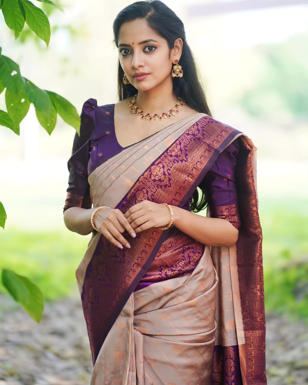 Soft Lichi Silk Beige Color With Purple Border Saree