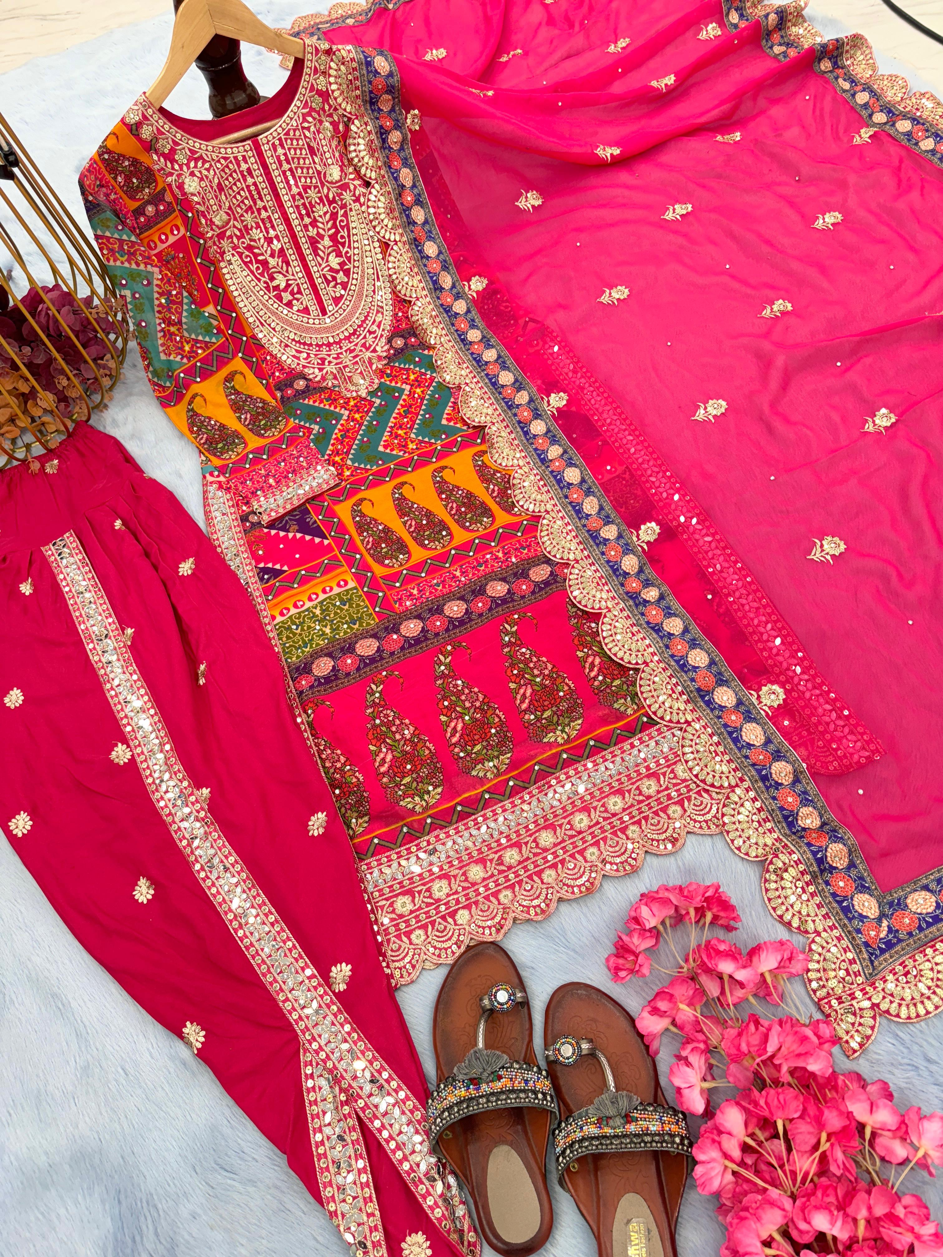 Wonderful Multi Design Fancy Work Pink Color Dhoti Suit